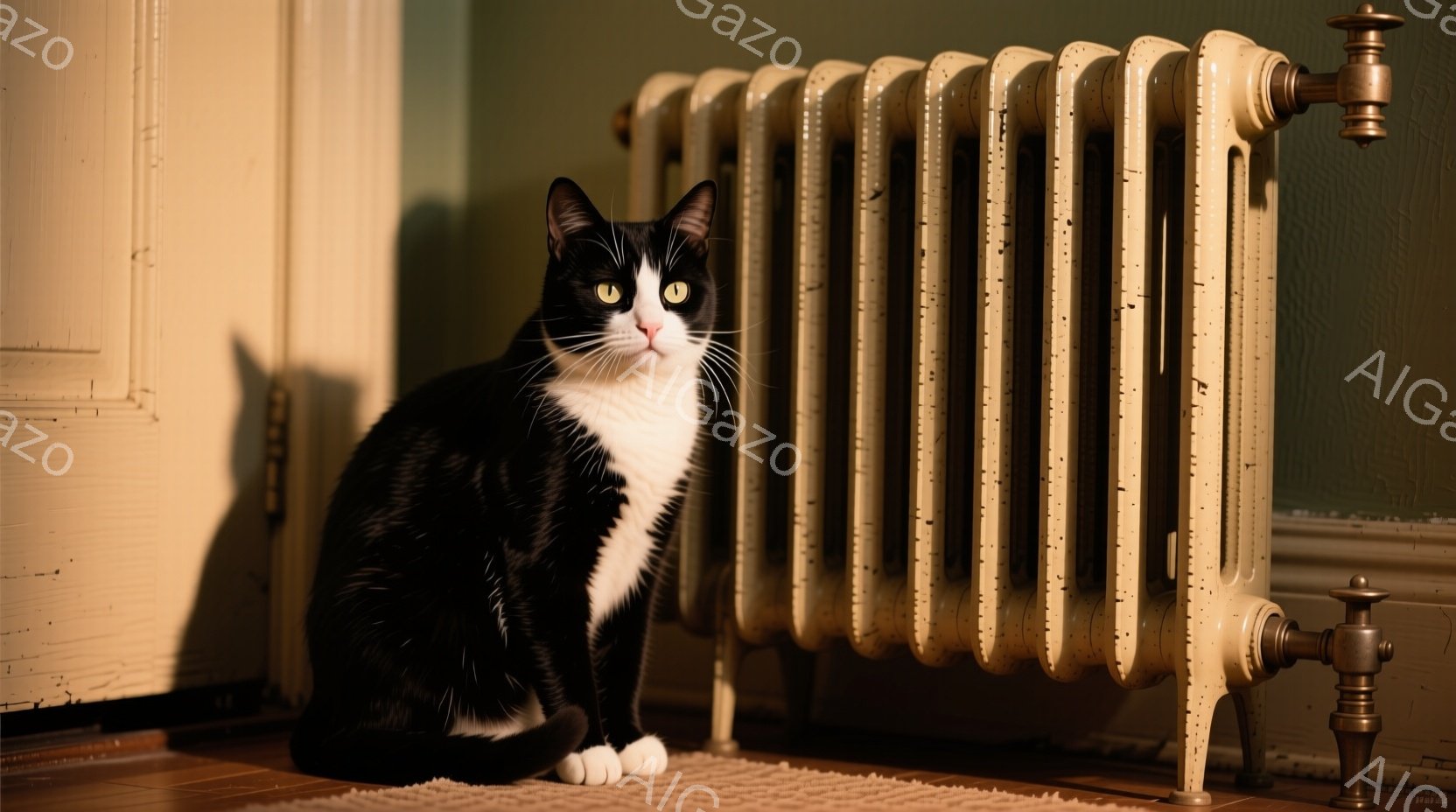 白と黒の猫が、クリーム色の古いラジエーターの横に座っています。猫は正面を見ており、少し警戒したような表情をしています。背景には木製の床と壁があり、全体的に暖かく、落ち着いた雰囲気です。 - AI生成フリー素材