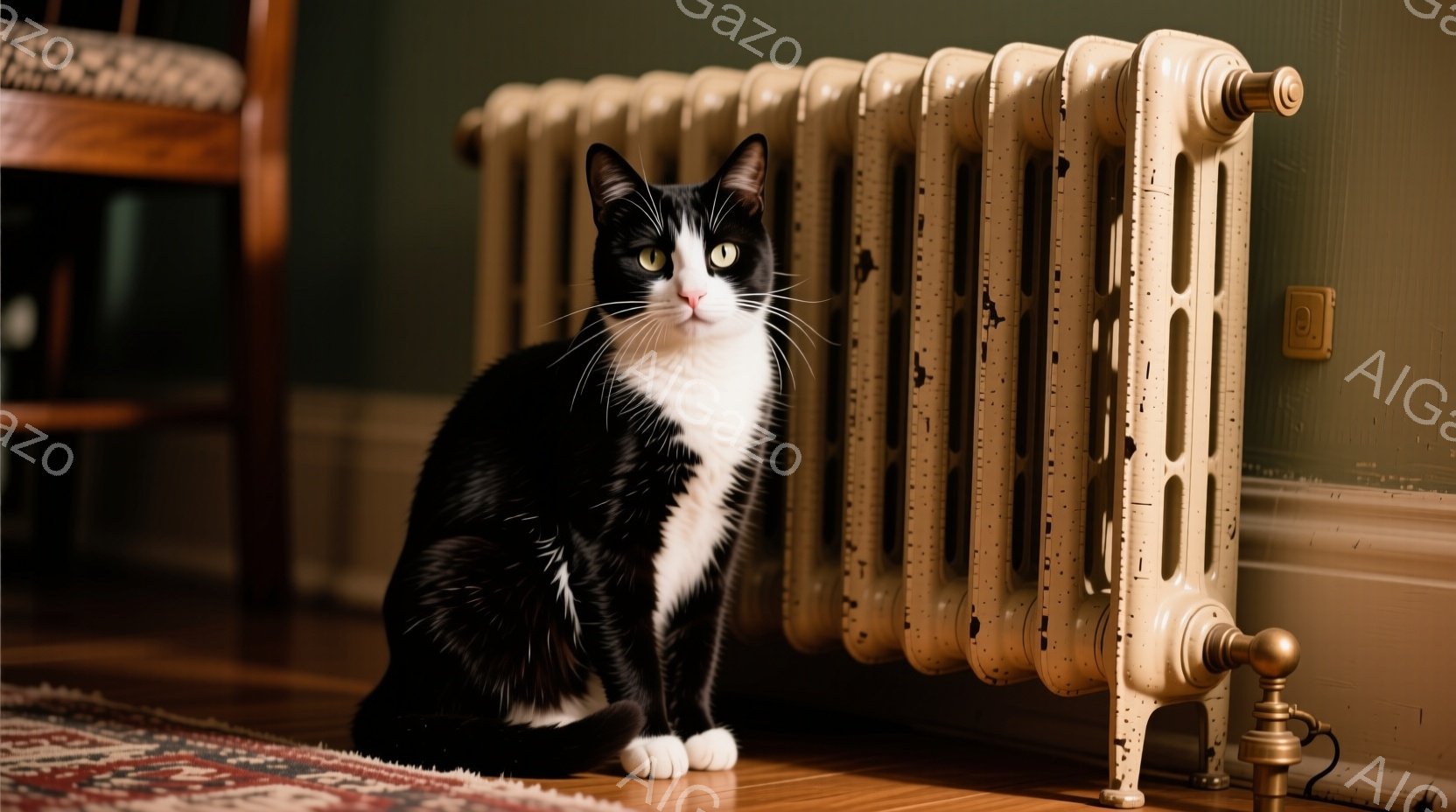 白と黒の猫が木の床に座っており、古風なクリーム色のラジエーターのそばで正面を見つめている。猫は白い胸と足先を持ち、鋭い緑色の目をしている。背景には、装飾が施された木製の椅子と、落ち着いた緑色の壁が見え、全体的に暖かく居心地の良い雰囲気を作り出している。