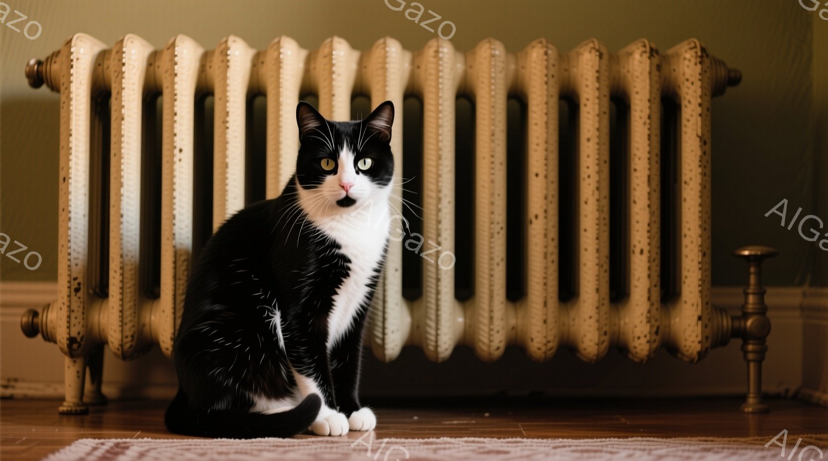 白と黒の猫がアンティーク風のラジエーターの前に座っています。猫は正面を見ており、落ち着いた表情をしています。背景は暗めの茶色の壁で、床には薄い敷物が敷かれています。 - AI生成フリー素材