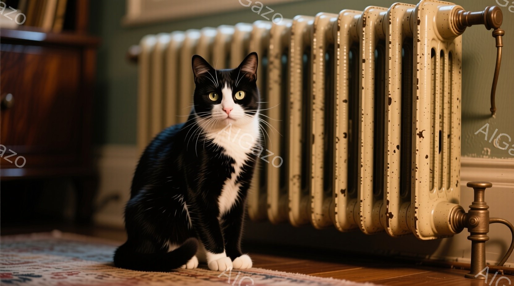 白と黒の猫が、古風なクリーム色のラジエーターの前に座っています。猫は前足を揃え、まっすぐ前を見つめ、わずかに口を開けています。背景には木製の家具が見え、部屋全体が暖かく、落ち着いた雰囲気です。