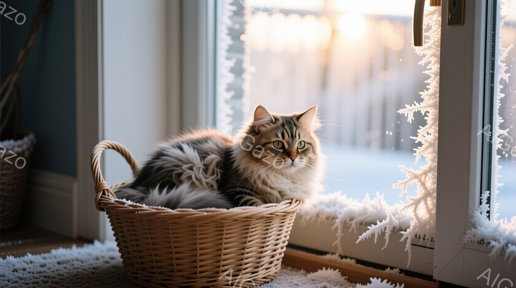白と茶色の毛並みが美しい猫が、籐で編まれたバスケットの中に丸まって座っています。窓の外は雪景色で、ガラスには霜が降り積もり、冬の静けさが感じられます。室内は暖色系の照明で照らされ、猫のふわふわとした毛並みがより際立っています。