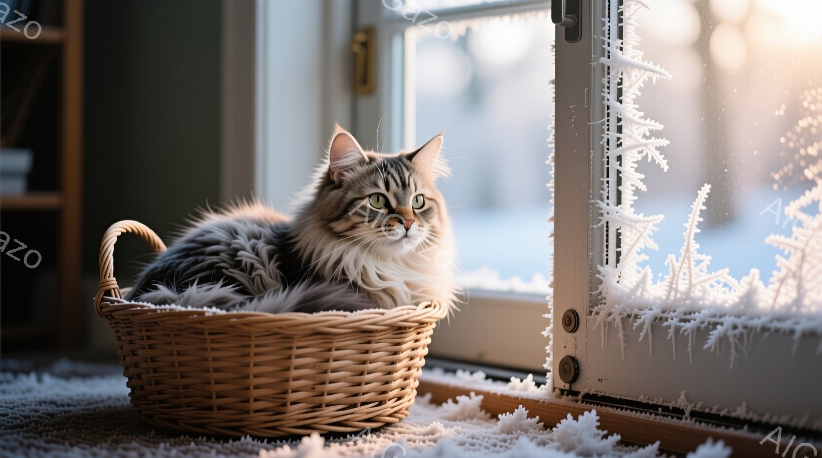 灰色の縞模様の猫が、編まれたバスケットの中に丸まって座っています。窓には雪の結晶が複雑に模様を描き、外は雪景色が広がっているようです。部屋全体は暖かく、穏やかな雰囲気が漂っています。 - AI生成フリー素材