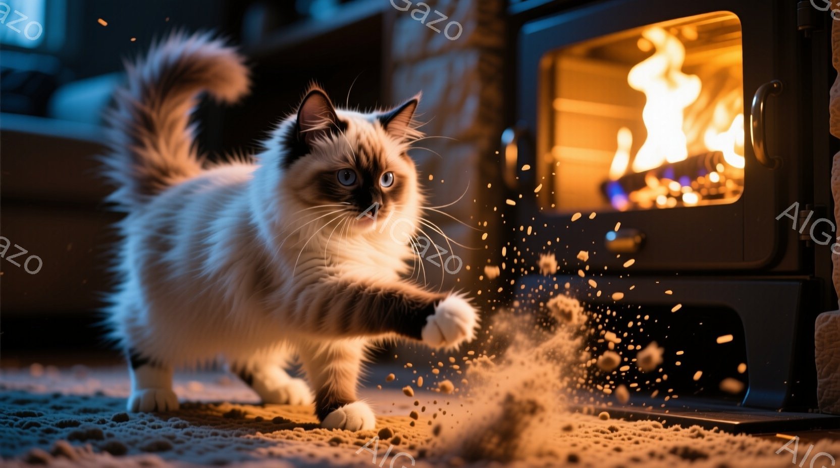 長毛の白と黒の猫が、床から舞い上がった砂ぼこりを伴って、勢いよく駆け抜けている。猫の目は青く、表情は遊び心に満ち溢れている。背景には暖炉があり、燃え盛る炎が猫のダイナミックな動きと対照的に、暖かく居心 - AI生成フリー素材