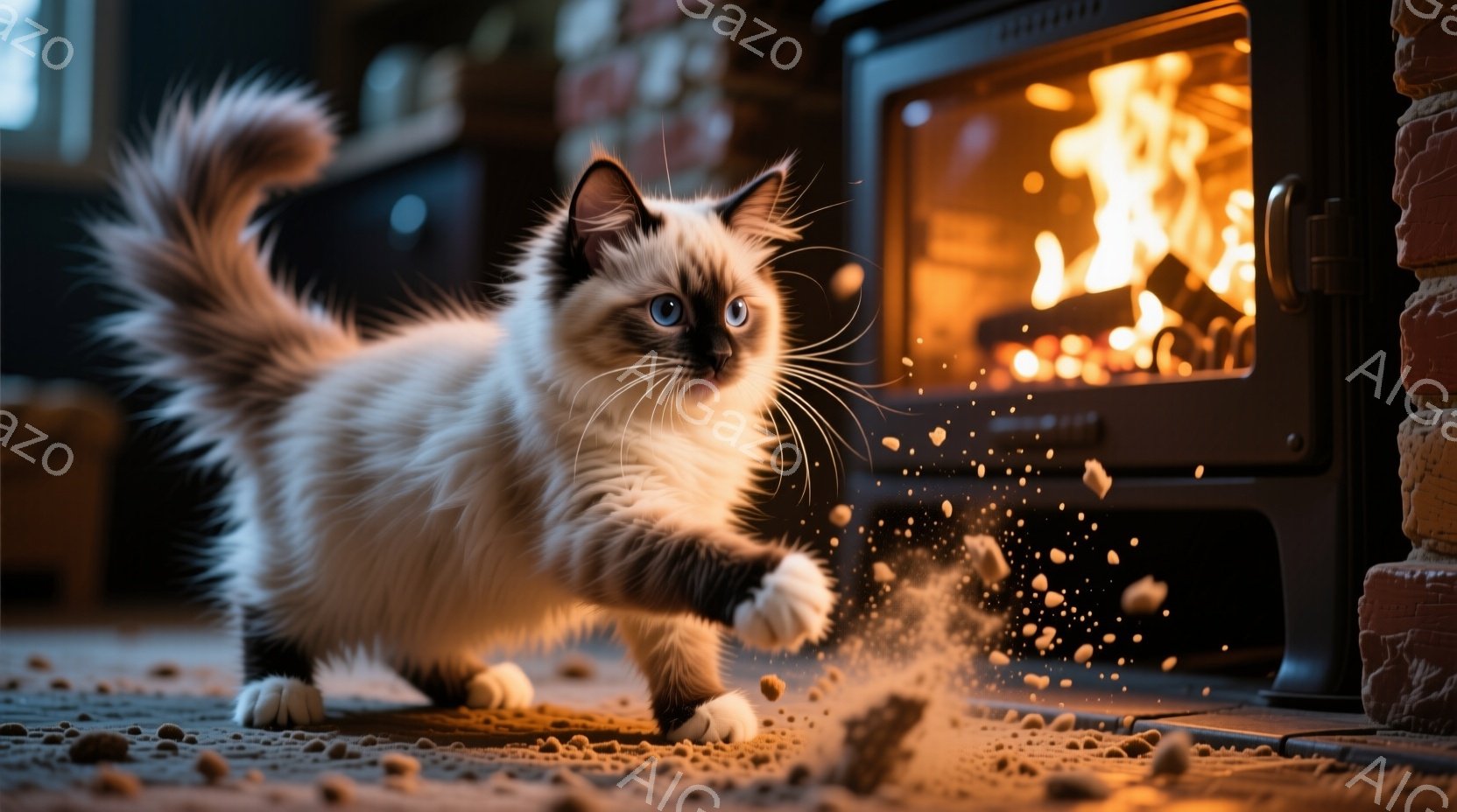 白とクリーム色の毛並みを持つ、美しいシャム猫が、散らばったキャットフードの上を勢いよく駆け抜けている。背景には暖炉があり、燃え盛る炎が猫の毛並みを照らし、部屋全体を温かい光で満たしている。このシーンは、猫の遊び心と暖炉の温かさによって、居心地の良い、幸せな雰囲気を醸し出している。