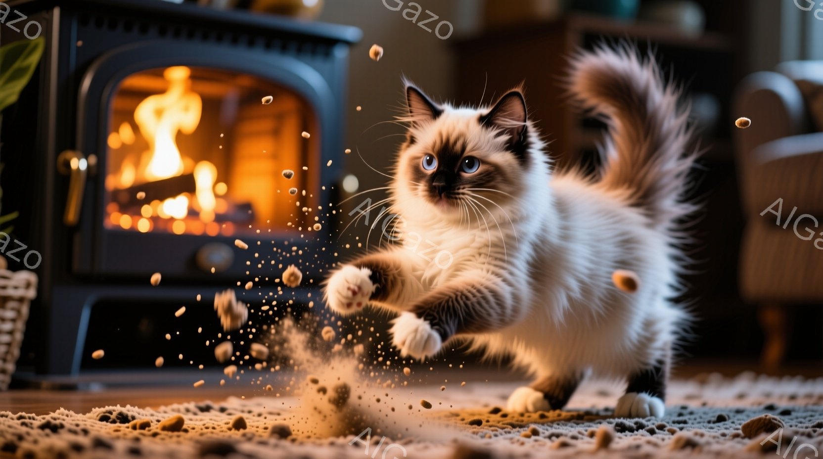 白と茶色の美しいシャム猫が、散らばった猫砂の上を前足で叩いて遊んでいます。猫は空中で少し浮かんでおり、遊び心に満ちた表情で、背景には暖炉の炎が暖かく輝いています。室内は落ち着いた雰囲気で、猫の活発な動 - AI生成フリー素材