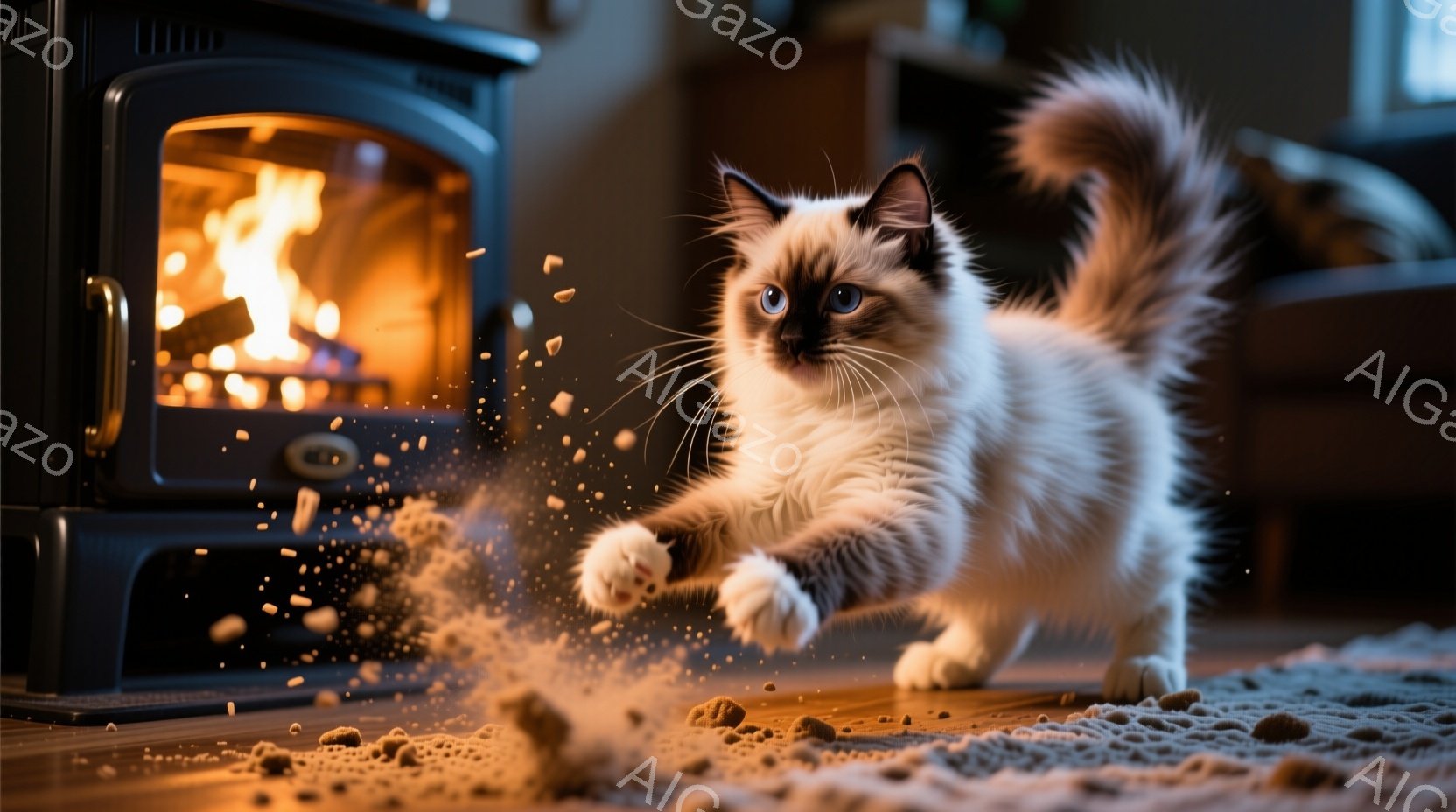 白い毛並みにポイントカラーが入った美しい猫が、床に散らばったキャットフードを求めて飛び跳ねている様子が捉えられています。背景には暖炉があり、オレンジ色の炎が優しく灯り、部屋全体を温かい光で包み込んでいます。フローリングの床と暖炉のコントラストが、冬の穏やかな夜の心地よい雰囲気を醸し出しています。