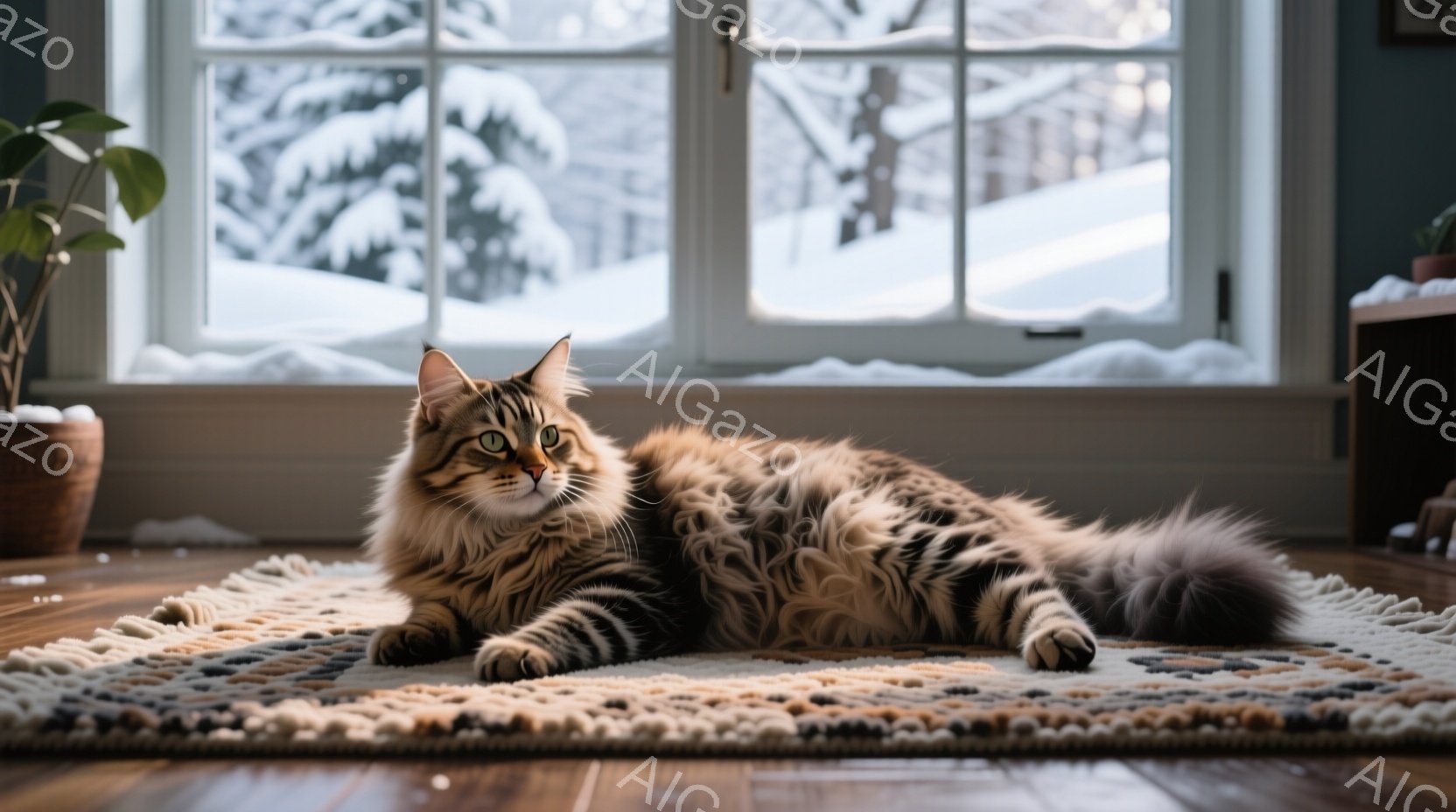 長毛の縞模様の猫が、敷かれたラグの上でリラックスして横たわっています。窓の外には雪景色が広がり、冬の静寂な雰囲気を醸し出しています。室内は暖色系の照明で照らされ、居心地の良い空間を作り出しています。 - AI生成フリー素材