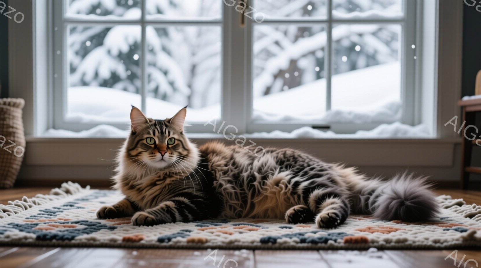 長毛の縞模様の猫が、明るい木製の床に敷かれたカラフルなラグの上に悠々と横たわっています。窓の外には雪景色が広がり、冬の静けさが感じられます。猫は落ち着いた表情で、リラックスした雰囲気を醸し出しています - AI生成フリー素材