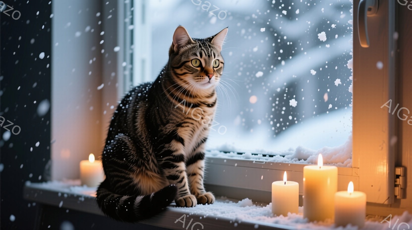 縞模様の猫が窓辺に座り、外を降る雪をじっと見つめている。白い窓枠には数本の火が灯ったキャンドルが並べられ、猫の周りを優しい光で包み込んでいる。雪景色がぼんやりと見え、暖かく静かな冬の雰囲気を醸し出して - AI生成フリー素材