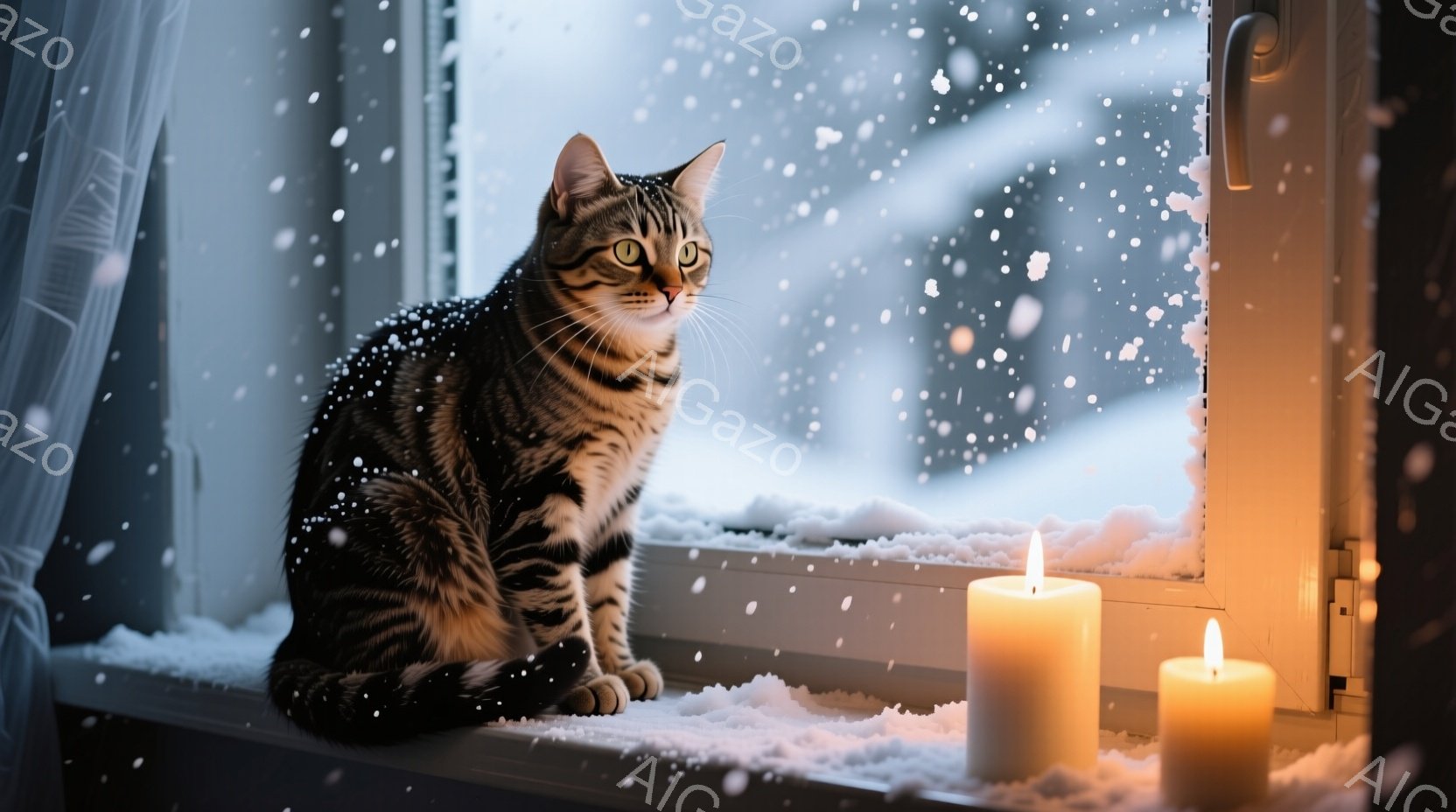 縞模様の猫が窓辺に座り、外の雪景色を眺めている。窓枠には雪が積もり、室内には暖かく光る2本のキャンドルが置かれている。静かで穏やかな冬の雰囲気が漂い、猫の穏やかな表情と相まって、温かい光景が印象的だ。 - AI生成フリー素材