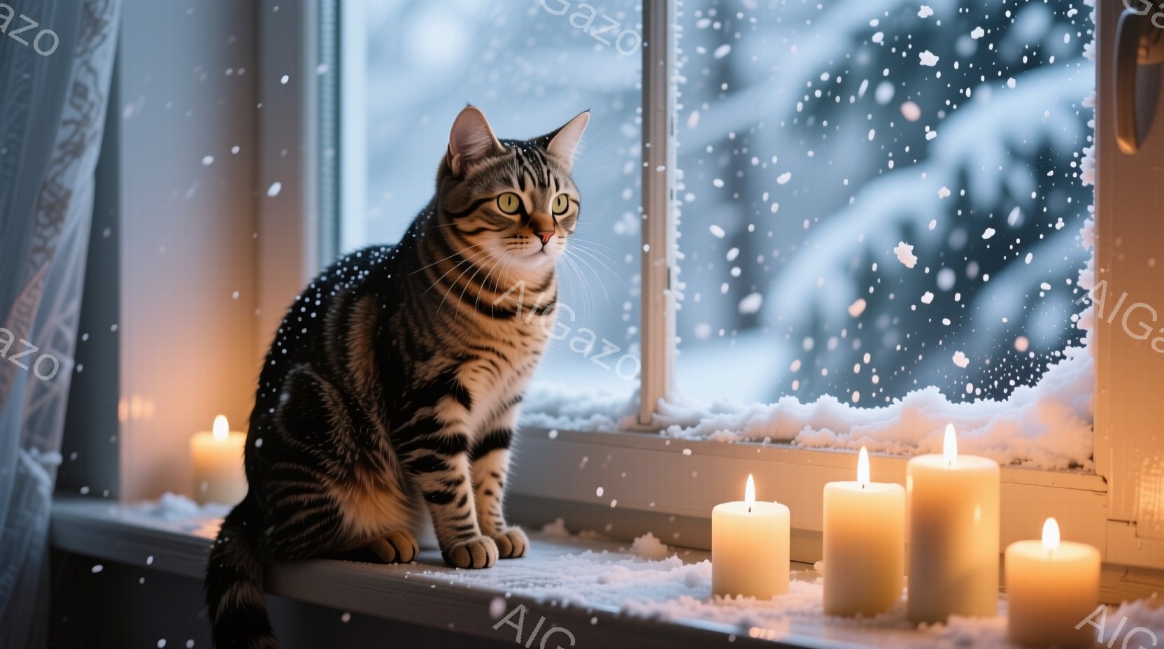窓辺に灰色の縞模様の猫が座っており、外は雪が降っています。窓枠には雪が積もり、数本の点灯したキャンドルが温かい光を放っています。全体的に、静かで穏やかな冬の日の雰囲気が漂い、猫の落ち着いた表情がそれを - AI生成フリー素材