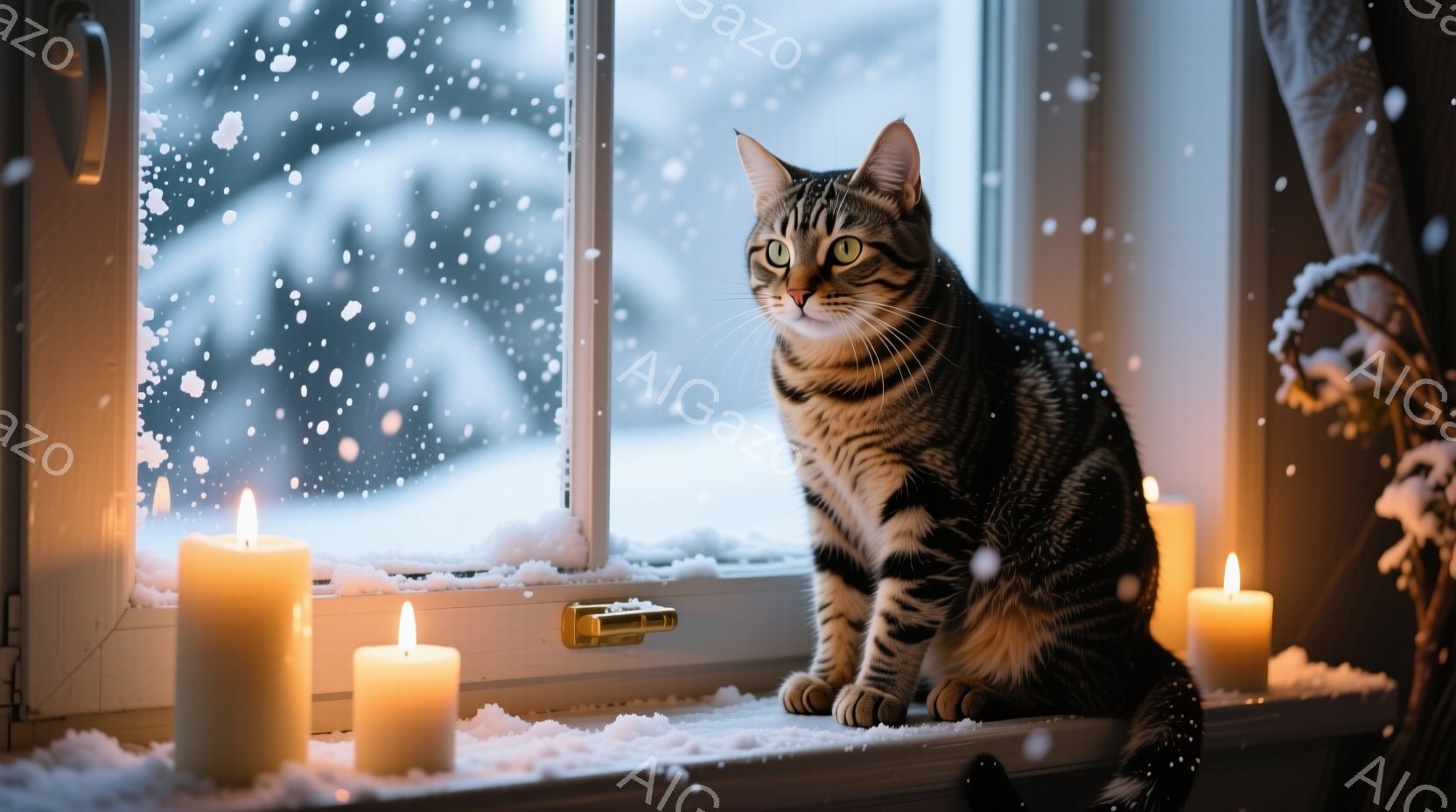 縞模様の猫が窓辺に座り、外の雪景色を眺めている。窓枠には数本のロウソクが灯され、暖かく穏やかな雰囲気を醸し出している。外は雪が降り積もり、白い景色が広がっている。 - AI生成フリー素材
