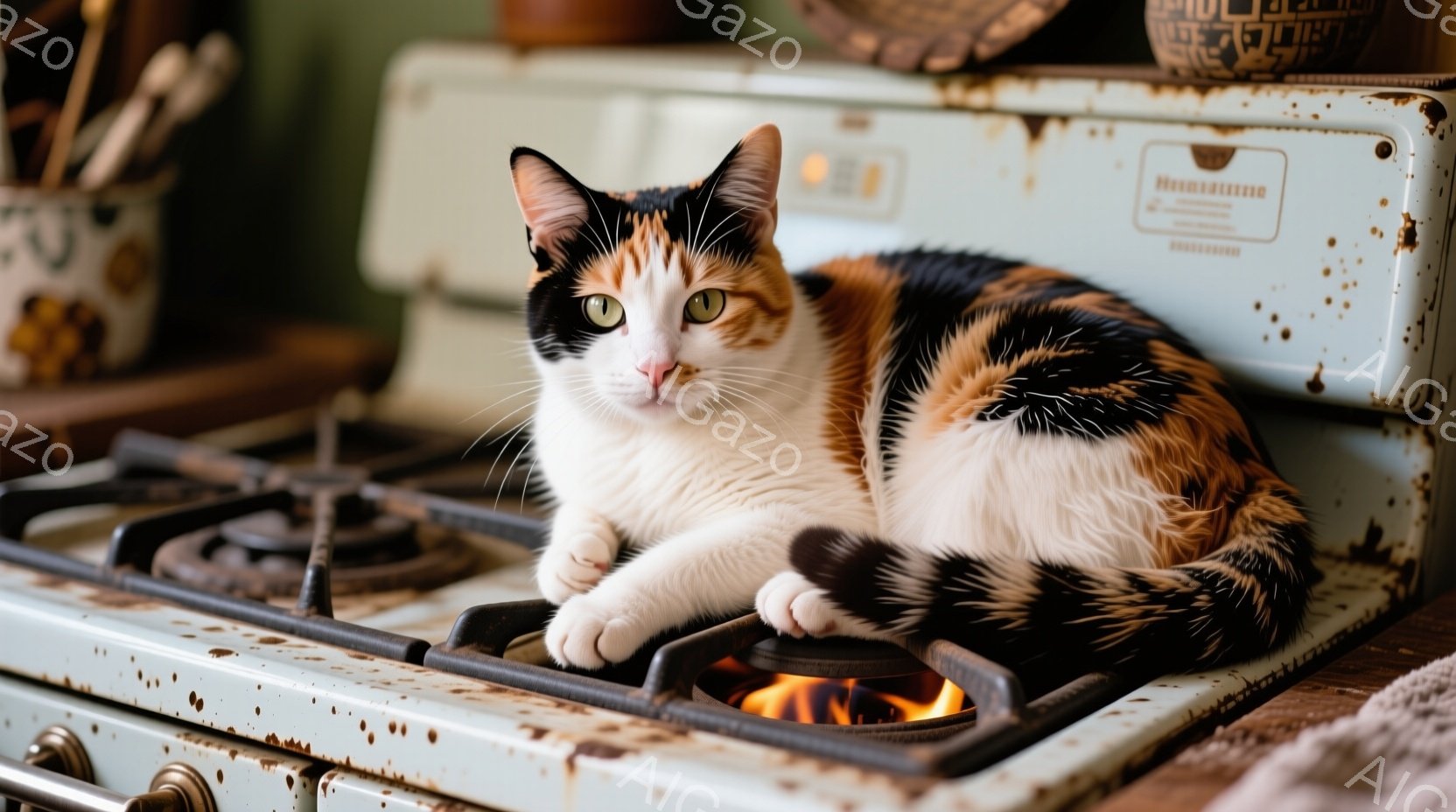 三毛猫が、古い水色のガスコンロの上で丸くなって横たわっている。猫は前足を伸ばし、穏やかな表情でこちらを見つめている。背景には、陶器の容器が見え、全体的に暖かく、落ち着いた雰囲気である。