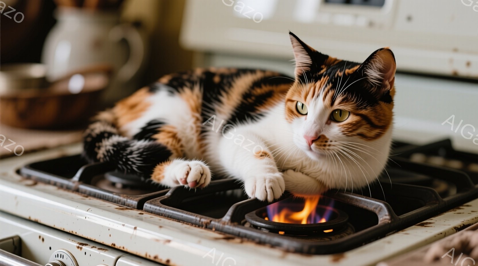 白を基調とした三毛猫が、点火されたガスコンロのバーナーの上に横たわっています。猫はリラックスした表情で、片足を前に出し、暖かさを楽しんでいるようです。背景には、キッチンの一部が見え、日常的な生活感を感じさせます。