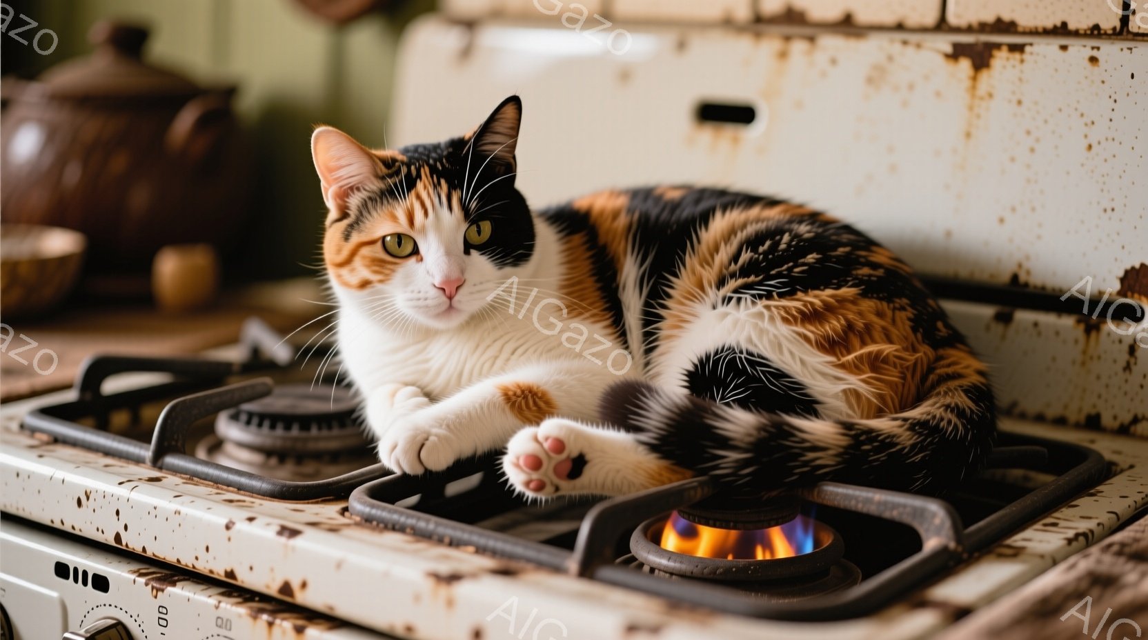 白とオレンジ、黒の模様を持つ猫が、古びたガストコンロの上に横たわっています。猫は片足を前に伸ばし、リラックスした表情でこちらを見つめています。背景には茶色の陶器が見え、全体的に暖かく、どこか懐かしい雰 - AI生成フリー素材