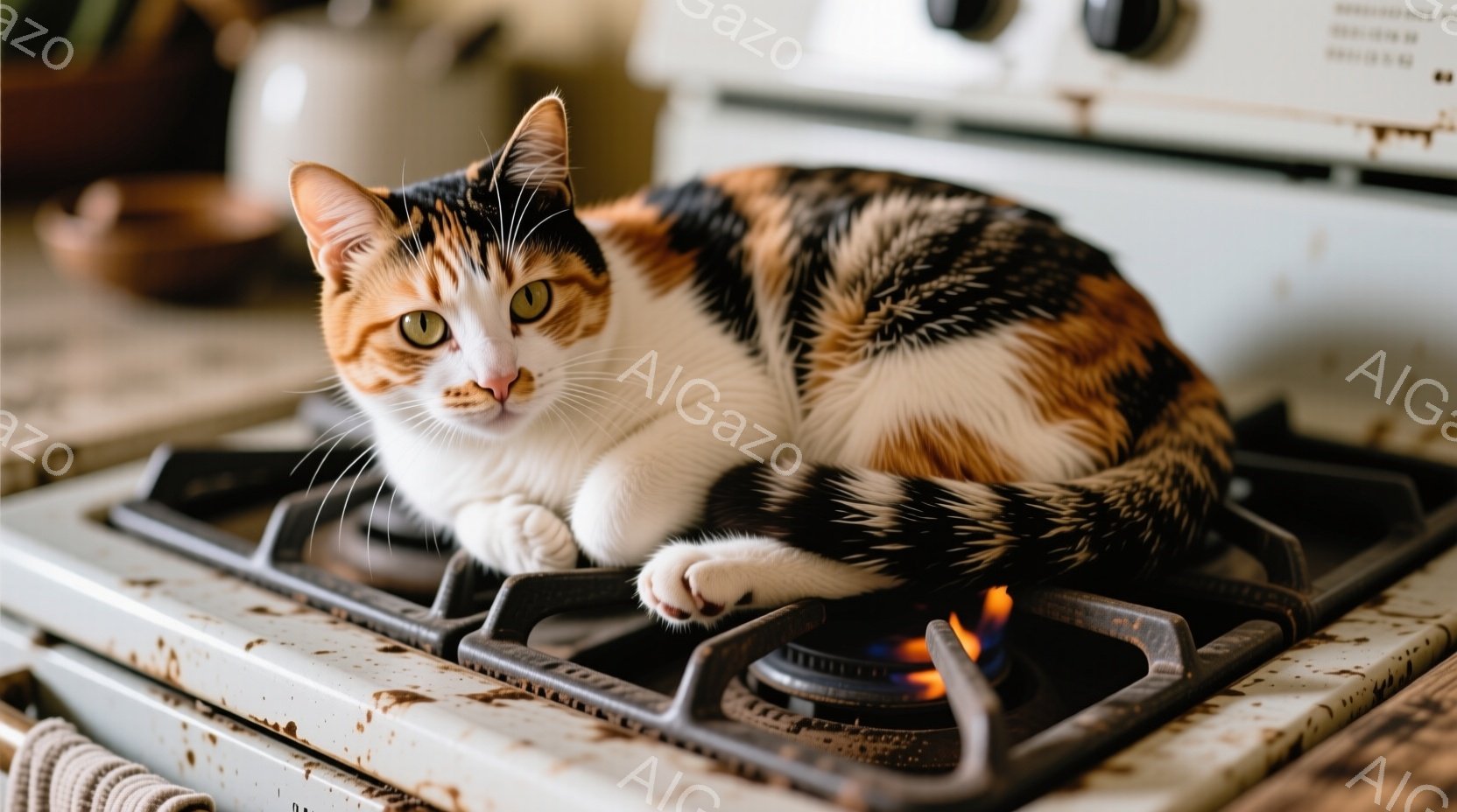 白とオレンジ、黒のまだら模様の猫が、点火されたガスコンロの上に堂々と横たわっています。猫はリラックスした表情で、片方の前足を伸ばし、落ち着いた様子でこちらを見ています。背景にはキッチンの一部が見え、生活感のある、少しユーモラスな雰囲気が漂っています。