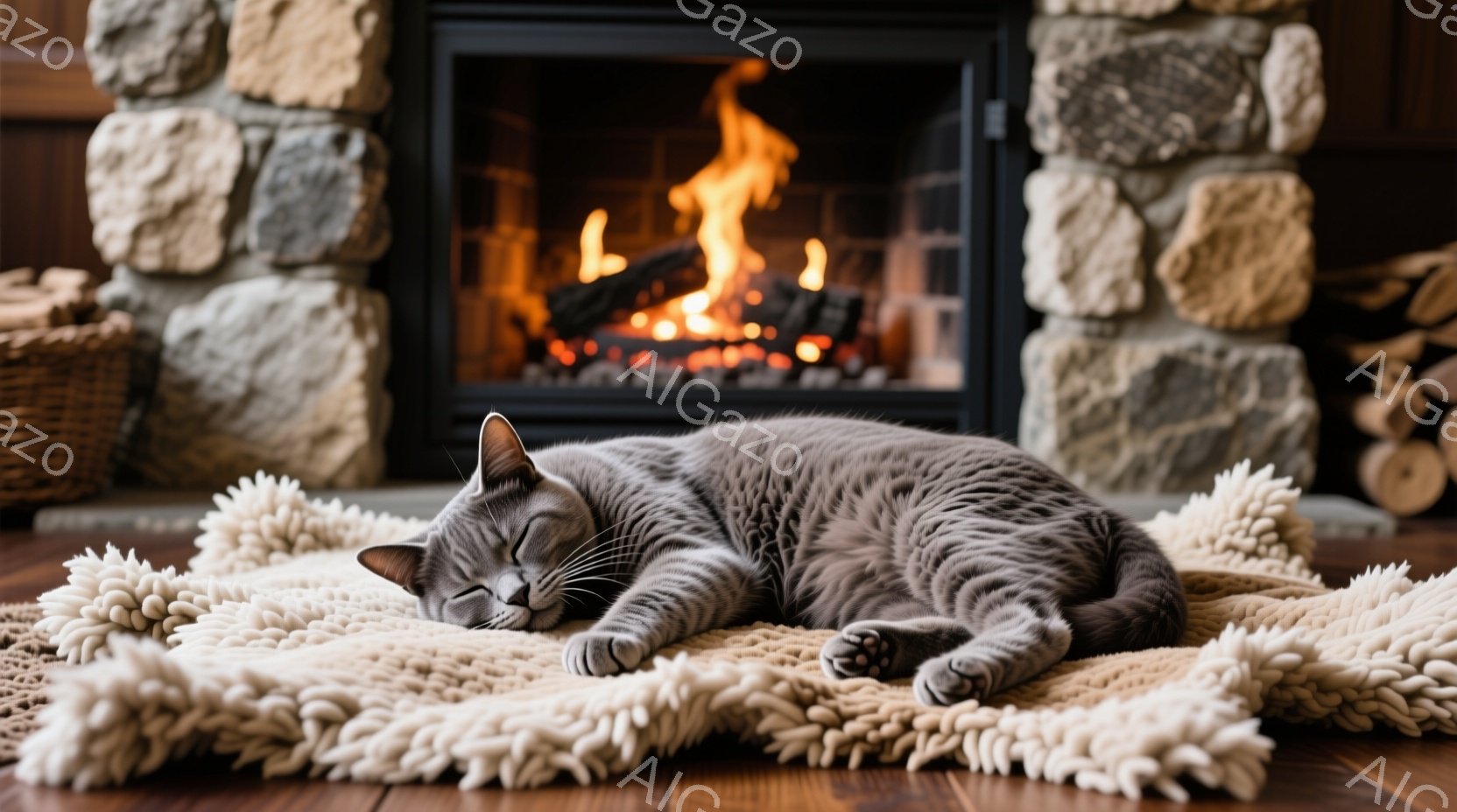 灰色の縞模様の猫が、クリーム色のふわふわとしたラグの上で丸まって眠っています。背景には、暖炉があり、燃え盛る炎が心地よい光を投げかけています。木製の床と石造りの暖炉の壁が暖かく落ち着いた雰囲気を醸し出 - AI生成フリー素材