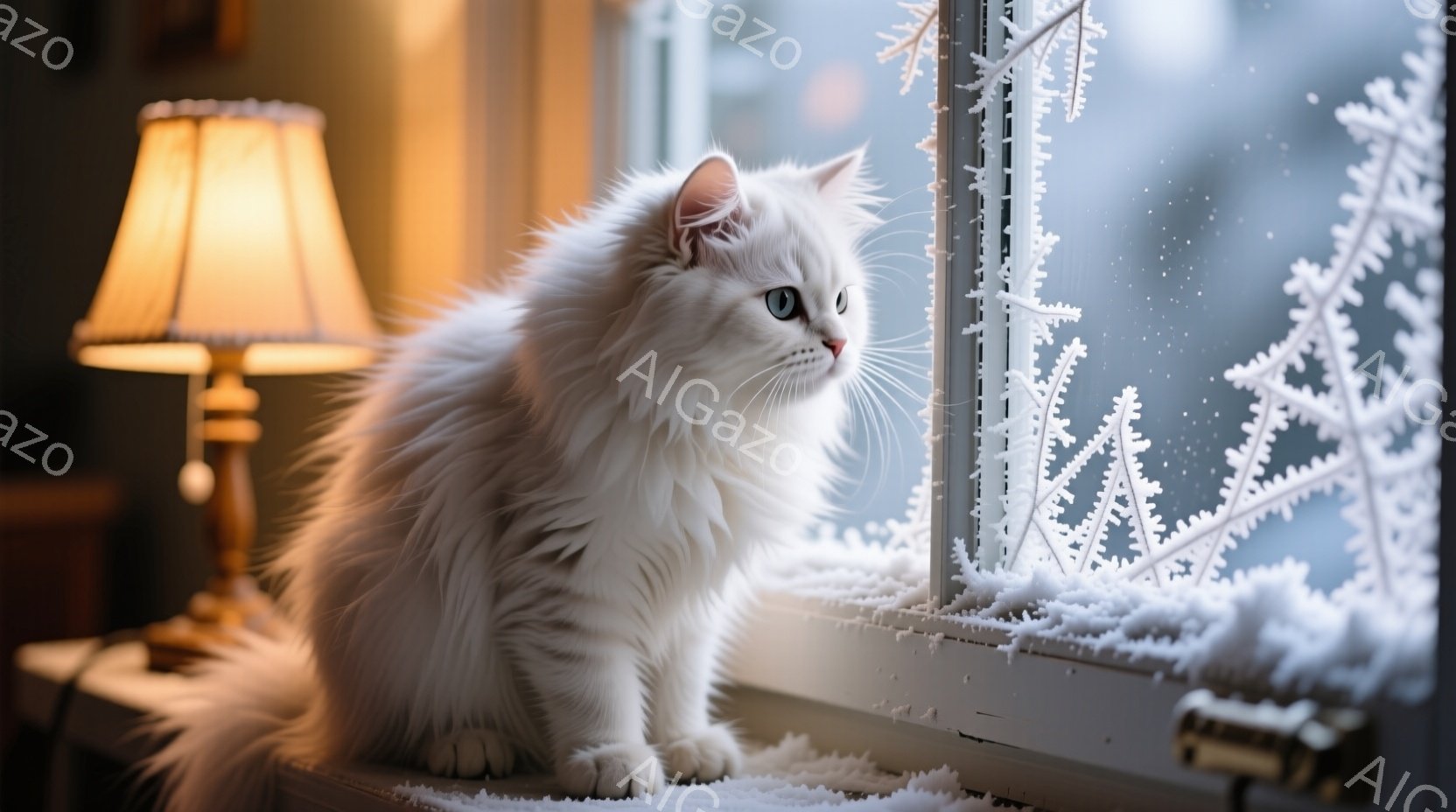 白くふわふわとした長毛の猫が、雪で覆われた窓枠に座って外を見つめている。猫は青い目をしており、少し物憂げな表情を浮かべている。背景にはぼやけた建物と、雪が降る冬の風景が見え、室内は暖かく穏やかな雰囲気が漂っている。