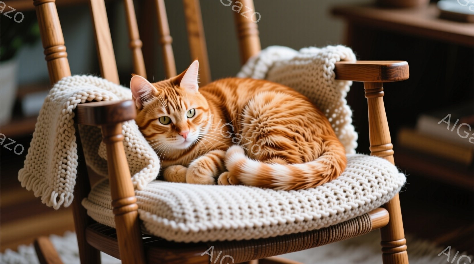 暖炉のような木製のロッキングチェアに、鮮やかなオレンジ色の毛並みの猫が丸まって座っています。白くざっくりとした編み物のブランケットが椅子に掛けられ、猫を優しく包み込んでいます。背景にはぼやけた家具が見 - AI生成フリー素材