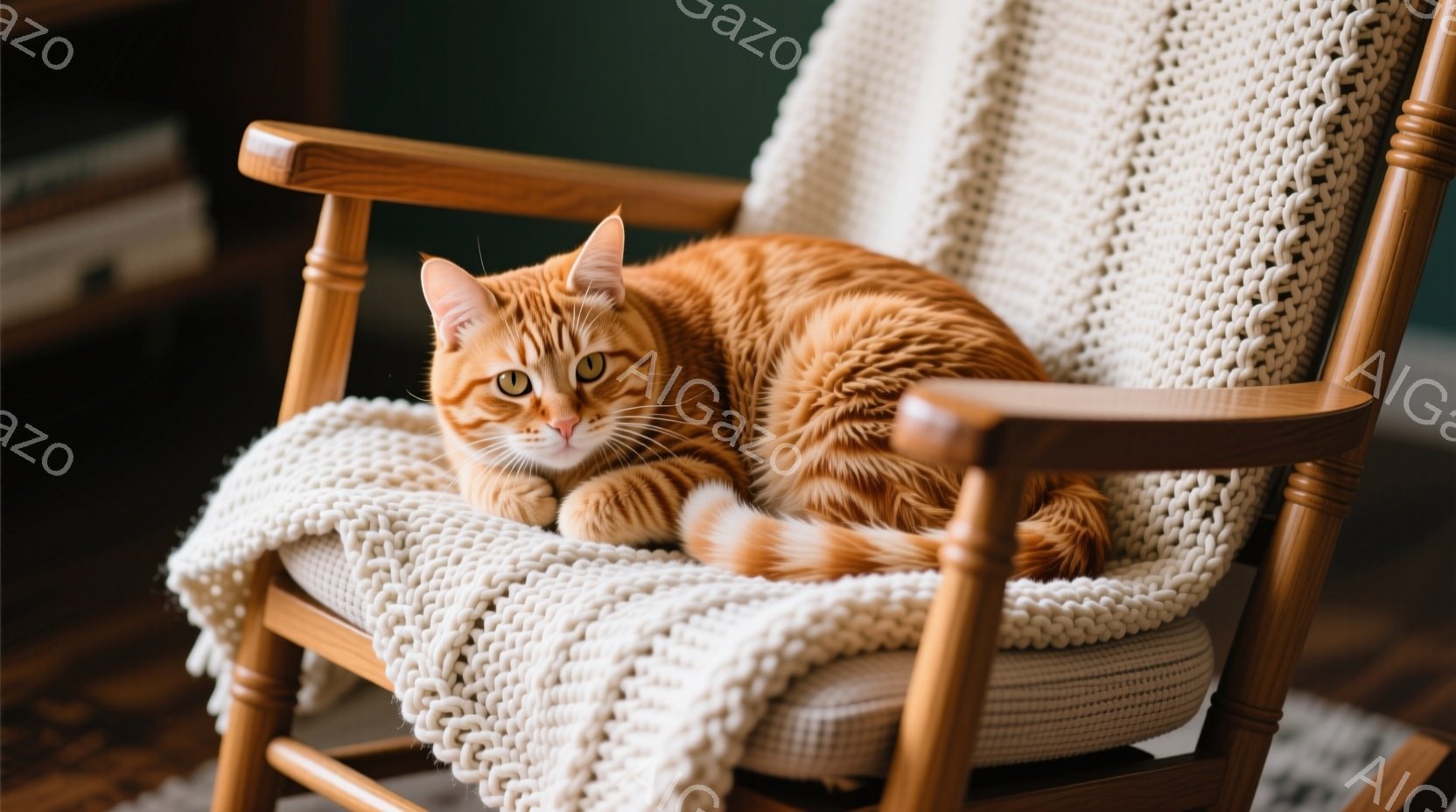 明るいオレンジ色の縞模様の猫が、クリーム色の編み物のブランケットがかかった木製の椅子にゆったりと横たわっています。猫はリラックスした様子で、目を細めて穏やかな表情をしています。背景には、緑色の壁と部分 - AI生成フリー素材