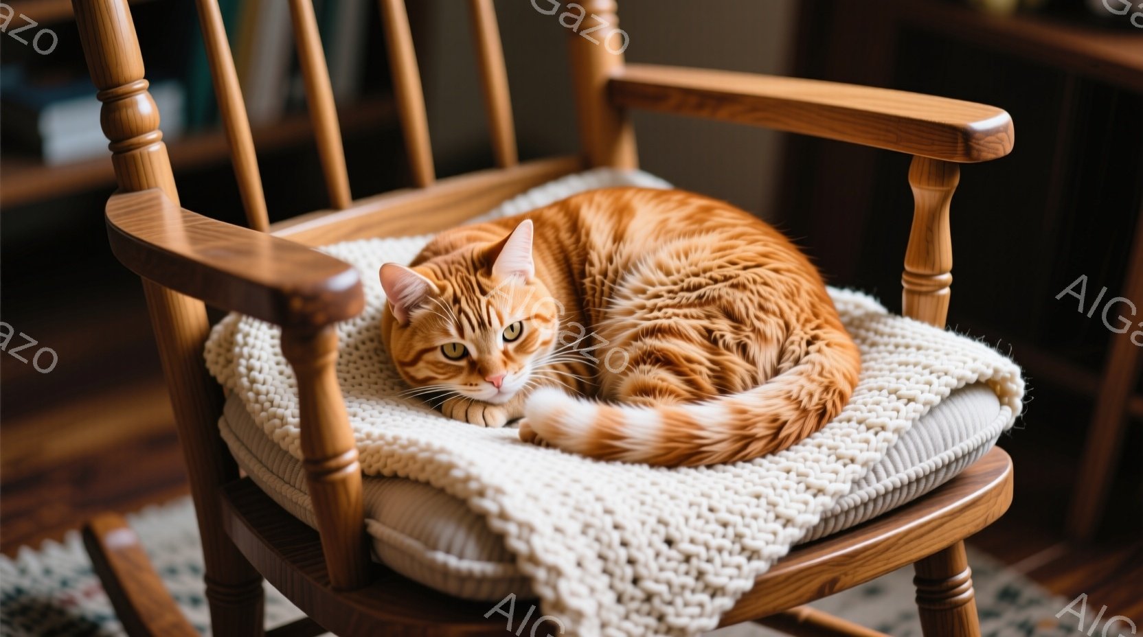 明るいオレンジ色の毛並みの猫が、木製のロッキングチェアに丸まって横たわっています。クッションの上にオフホワイトの編み物のブランケットが敷かれており、猫はリラックスした表情でこちらを見ています。背景には家具が見え、室内で穏やかな時間が流れている様子が伺えます。