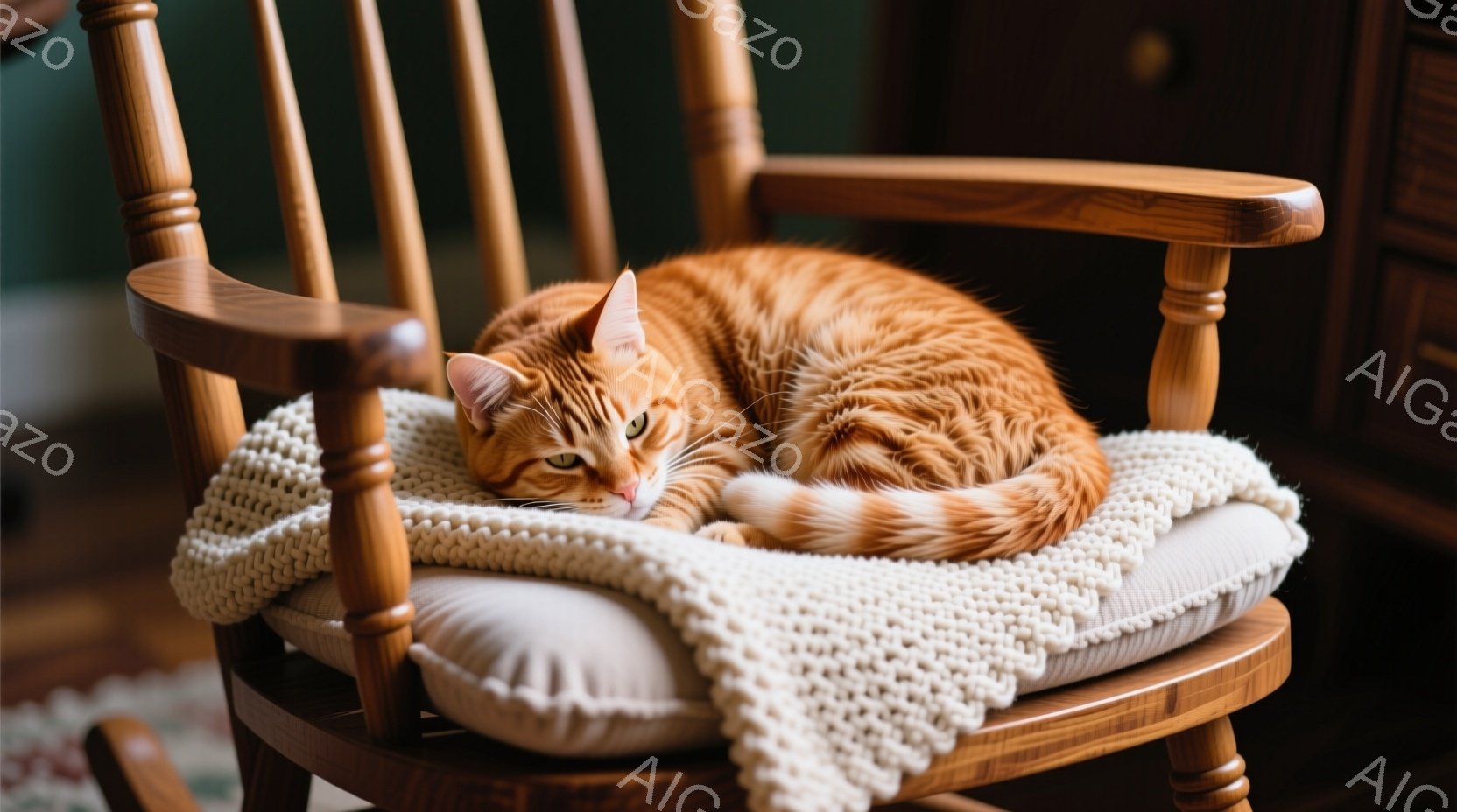 鮮やかなオレンジ色の猫が、編み物のクッションと敷物のあるロッキングチェアにゆったりと横たわっています。猫は目を細め、リラックスした表情で、まるで暖炉のそばで昼寝をしているかのような穏やかな雰囲気を醸し - AI生成フリー素材