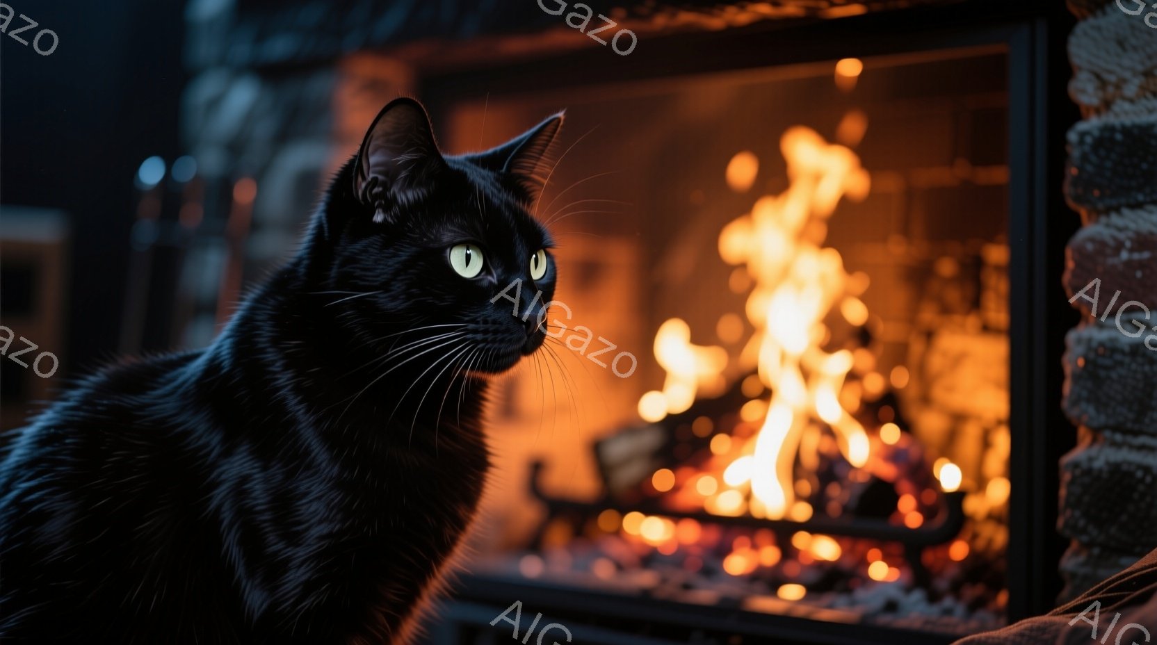 黒猫が暖炉のそばで少し横を向いて座っています。その猫は深い緑色の目をしており、少し警戒しているように見えます。暖炉の中では燃え盛る炎が赤とオレンジの色合いで照らし出し、壁はレンガで覆われており、落ち着 - AI生成フリー素材