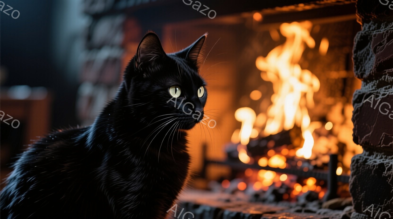 黒猫が左を向いており、緑色の瞳が光っている。背景には暖炉があり、燃え盛る炎が猫の黒い毛並みとのコントラストを際立たせている。全体的に暖かく、落ち着いた雰囲気が漂っている。 - AI生成フリー素材