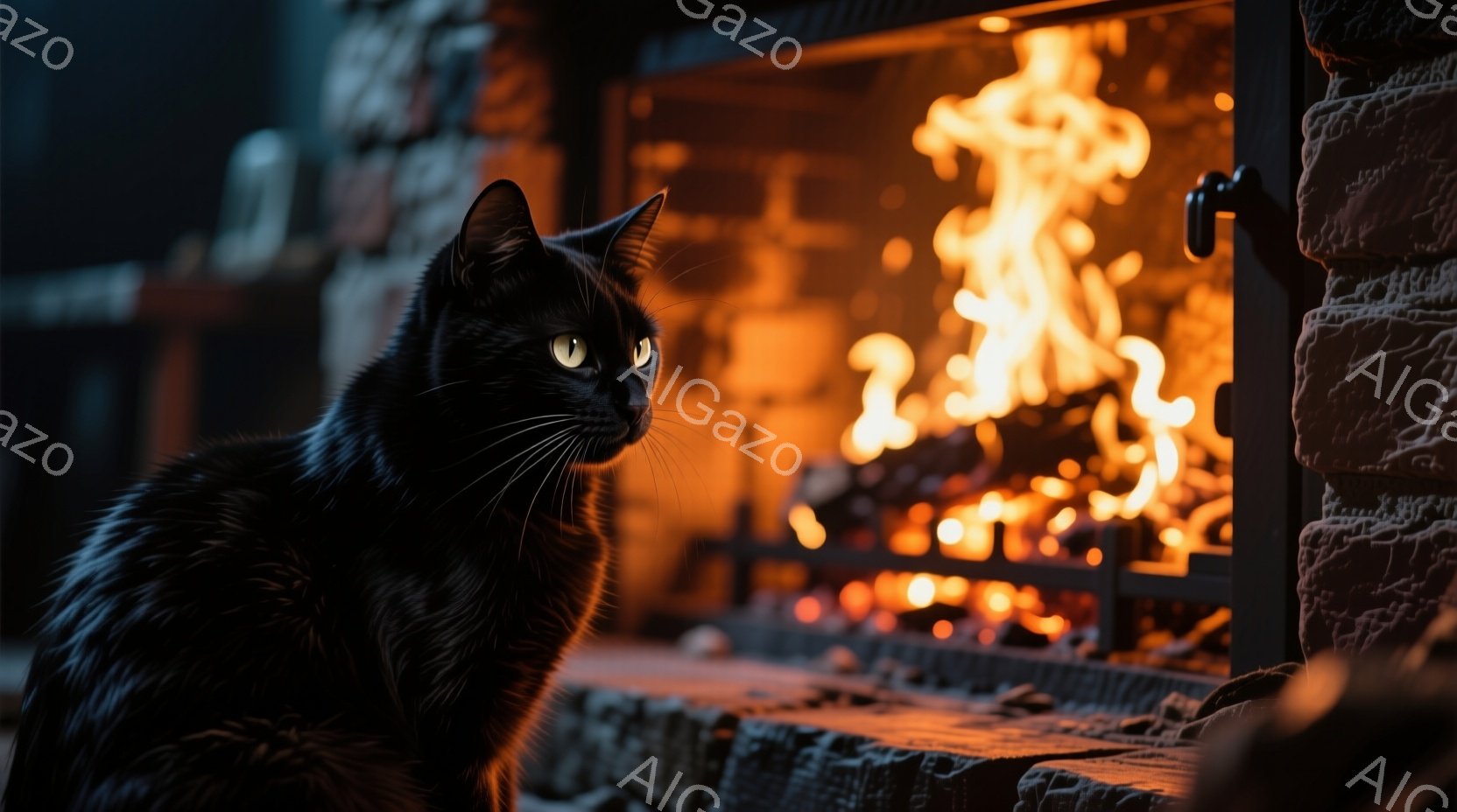 黒猫がレンガ造りの暖炉の前に座り、暖かそうな炎をじっと見つめています。猫は毛並みが良く、少し警戒したような表情で、まるで炎に魅了されているかのようです。暖炉の炎はオレンジ色と赤色で輝き、部屋全体を温か - AI生成フリー素材