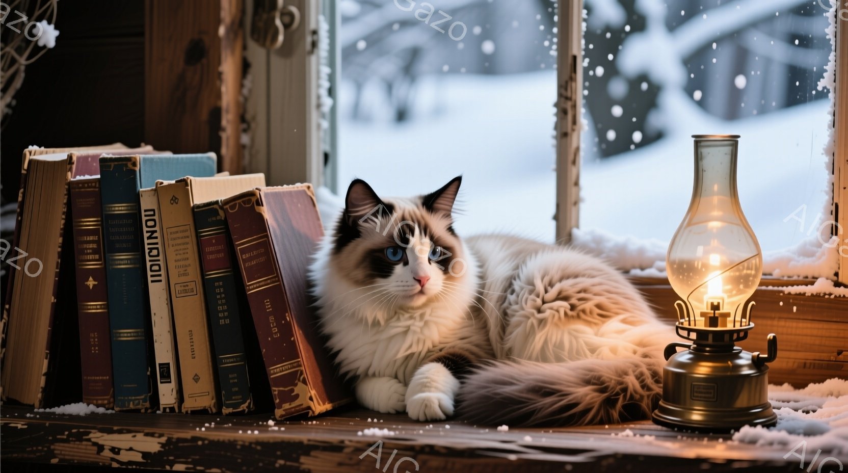 ふわふわの白と茶色の猫が、古本の上に丸まって横たわっています。窓の外は雪が降り積もり、暖かい光の灯りが猫と本を照らしています。背景には雪景色が広がり、静かで穏やかな冬の雰囲気が漂っています。