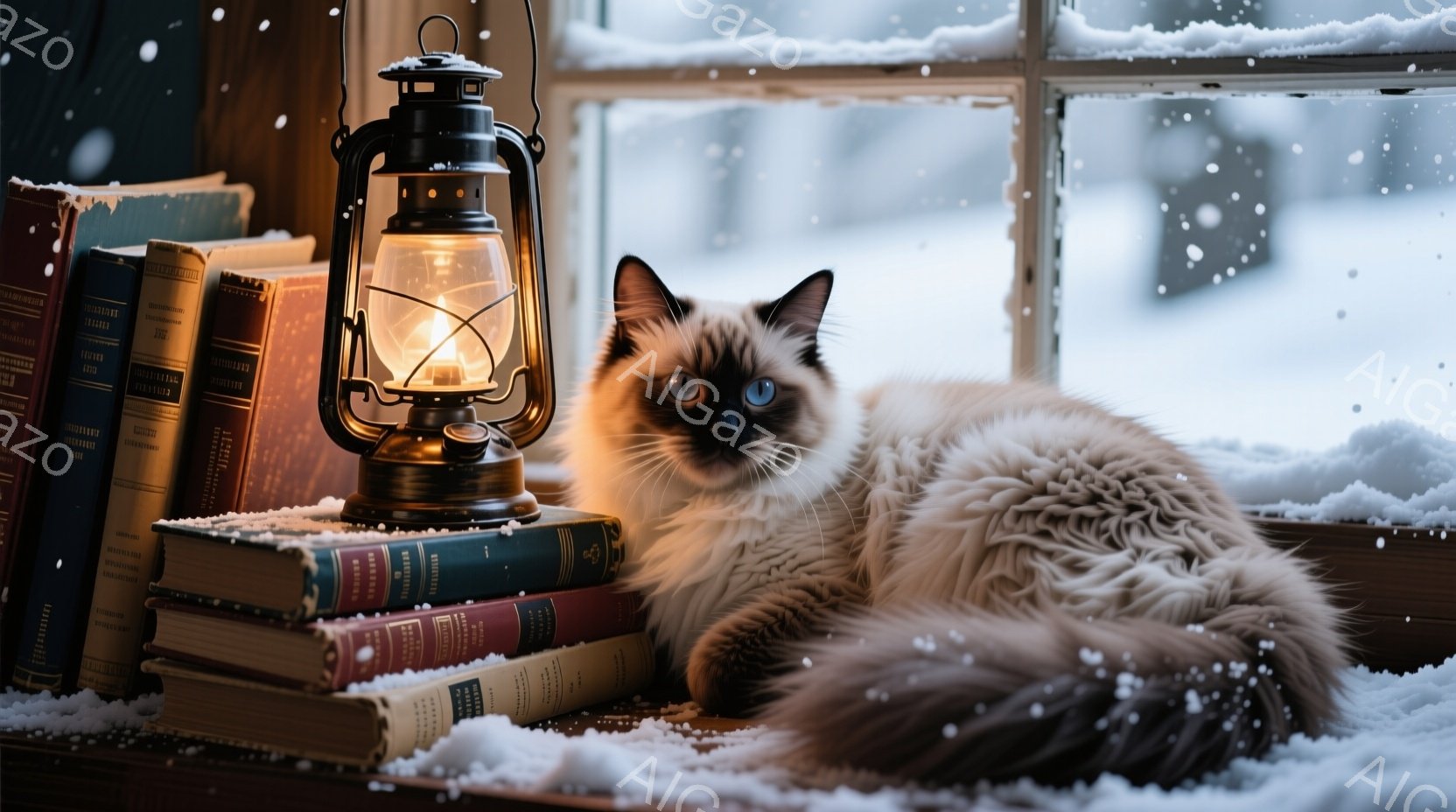 ふわふわのクリーム色の猫が、積み重ねられた古い本とアンティーク風のランタンの横でリラックスして横たわっています。窓の外は雪が降り積もり、冬の静かな雰囲気を醸し出しています。猫は青い目を持ち、穏やかで安 - AI生成フリー素材