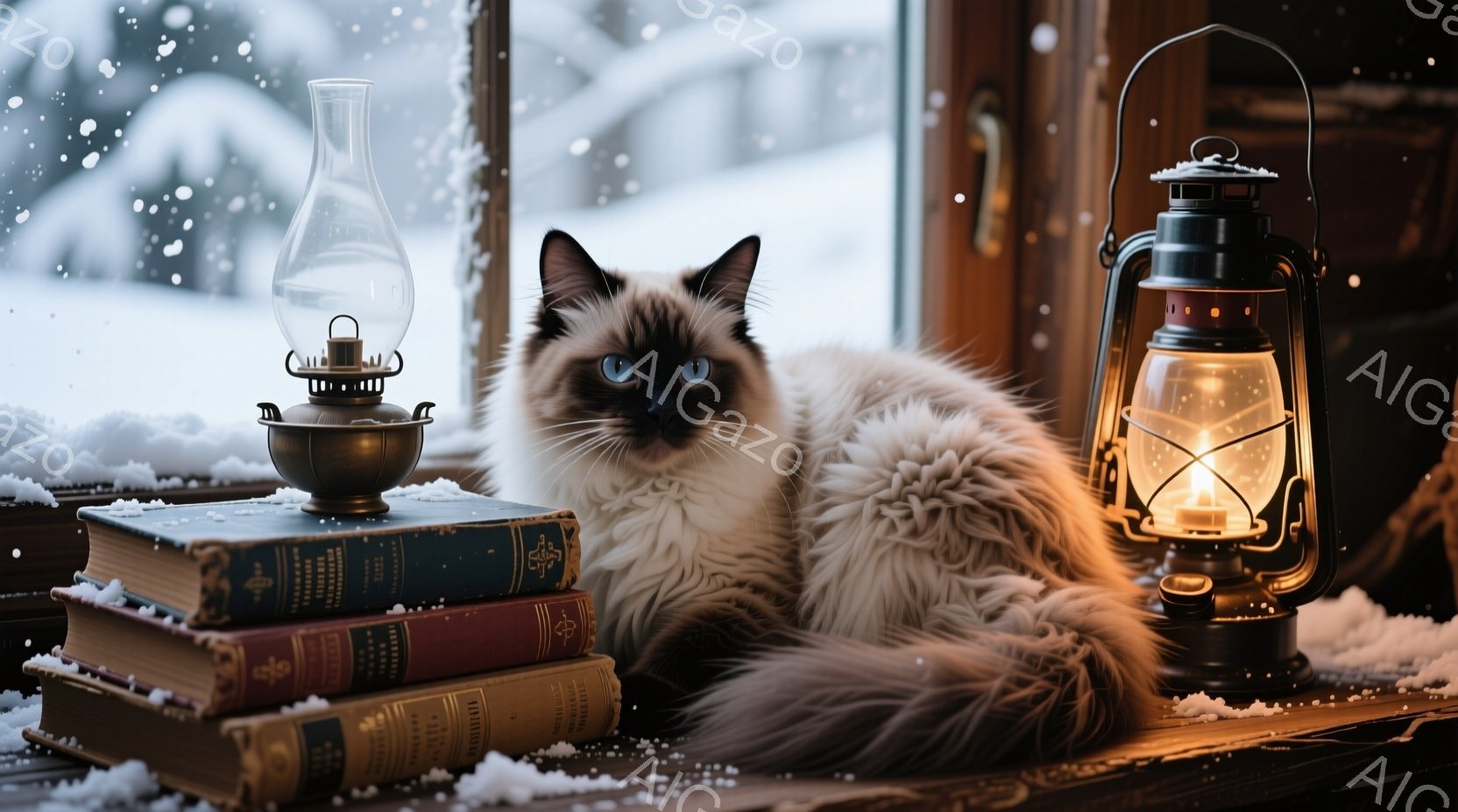 ふわふわのクリーム色の毛並みを持つシャム猫が、積み重ねられた古書の上にゆったりと横たわっています。猫は澄んだブルーの瞳でカメラを見つめ、穏やかでリラックスした表情を浮かべています。背景には雪景色が広が - AI生成フリー素材