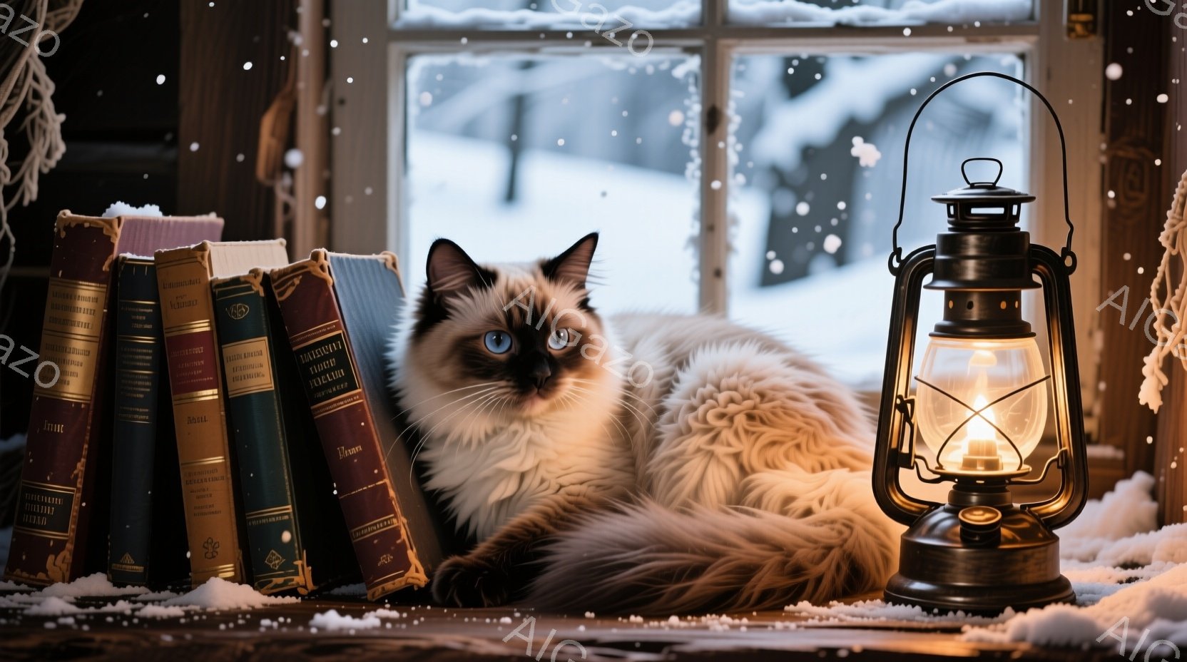 窓辺に積み上げられた古書と、その間に寄り添うクリーム色のラグドール猫が描かれています。窓の外は雪景色で、暖炉の灯りが暖かく、読書と休息の静謐な雰囲気を醸し出しています。猫は青い瞳でこちらを見つめ、冬の日の穏やかな午後のひとときを表現しています。