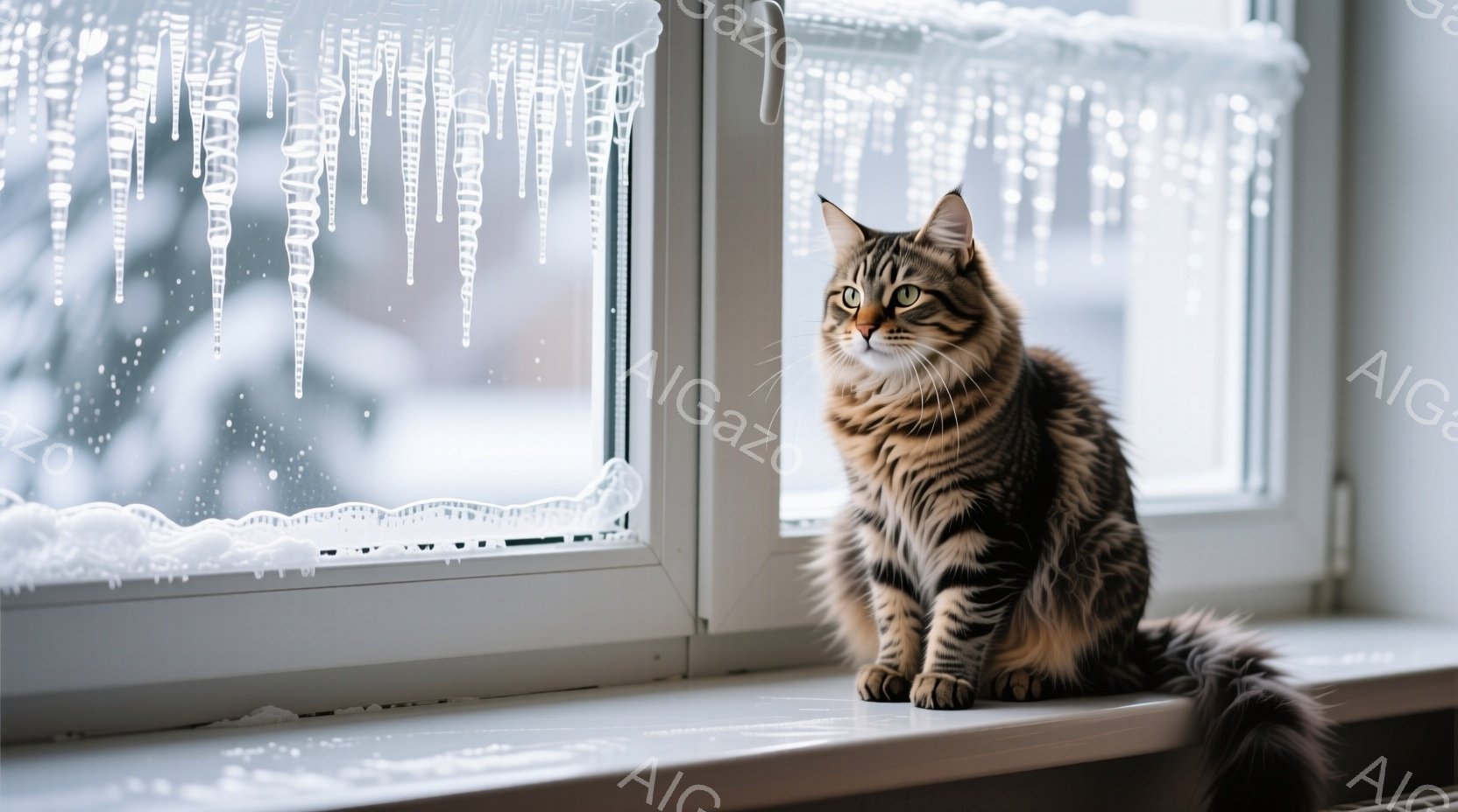縞模様の猫が窓辺に座り、外をじっと見つめている。窓ガラスには氷柱がびっしりと付き、雪景色がぼんやりと見える。冷たい冬の日の、静かで穏やかな雰囲気が漂っている。 - AI生成フリー素材