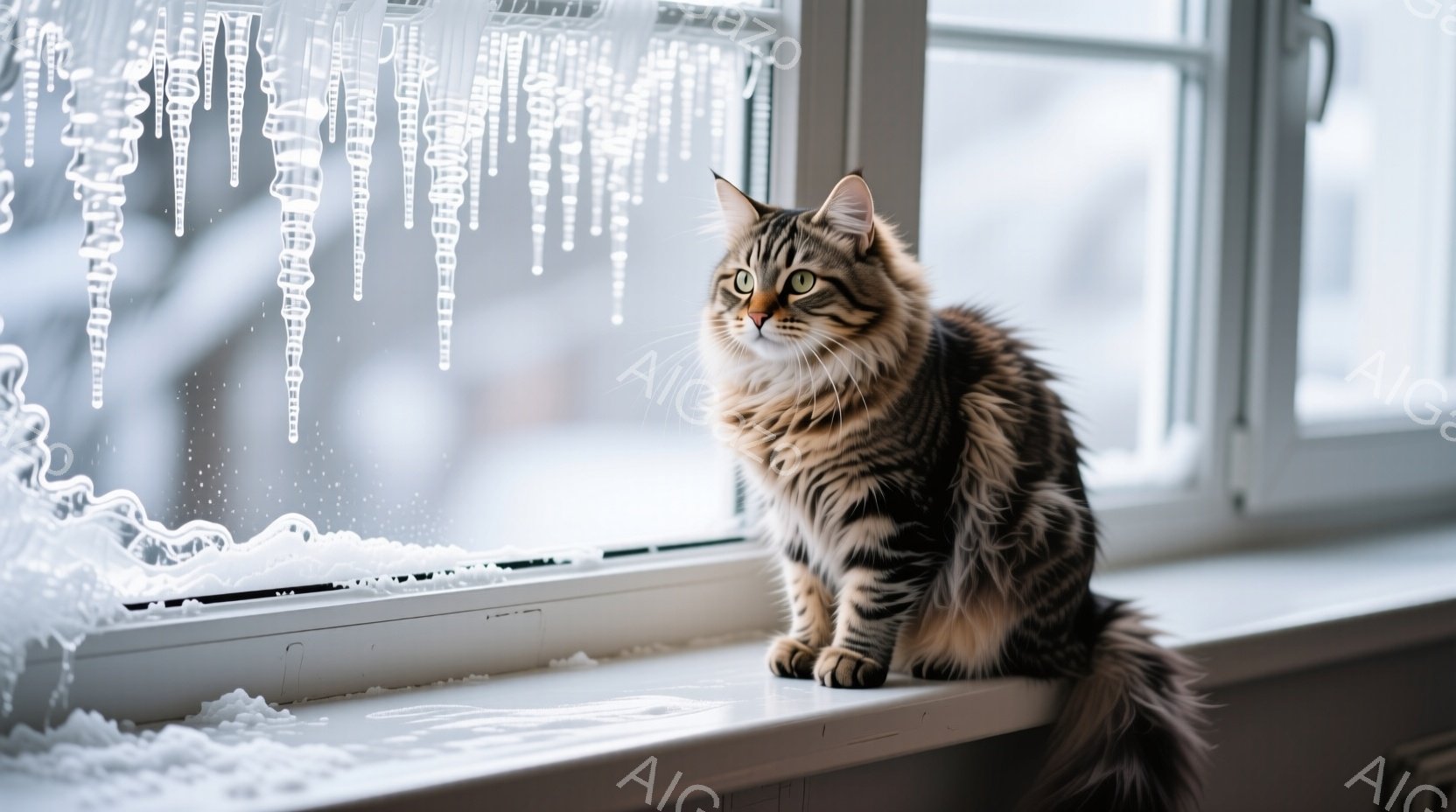 窓枠に大きな縞模様の猫が座っており、外を見つめている。窓ガラスには氷柱が密集しており、冬の厳しい寒さを感じさせる。猫の毛並みはふさふさとしており、その緑色の瞳が印象的で、静かで落ち着いた雰囲気を醸し出している。