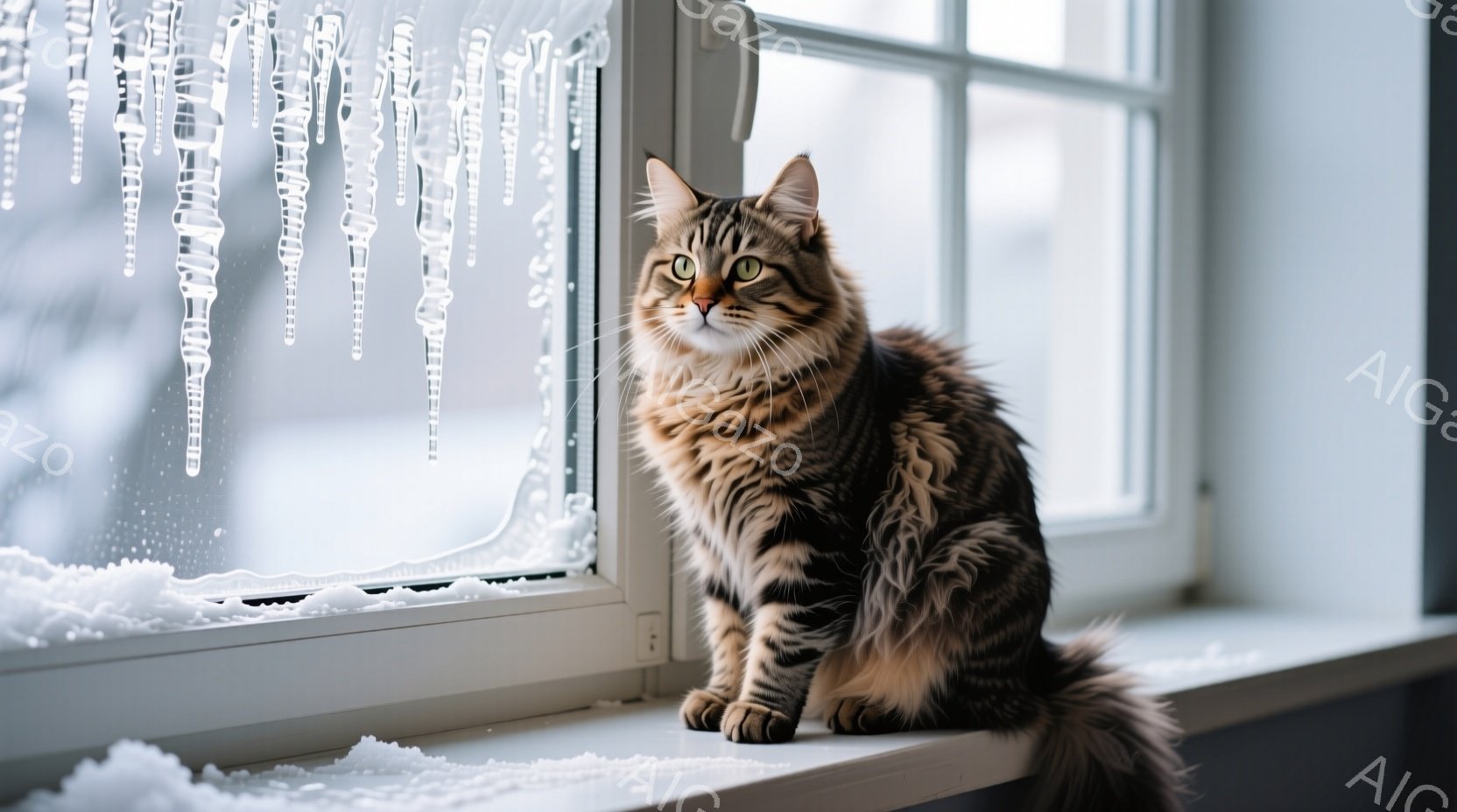 長毛の茶トラ猫が窓辺に座って外を見つめている。窓ガラスには霜や氷が降り積もり、背景は雪景色となっている。猫はやや伏し目がちで落ち着いた表情をしており、全体的に静かで冬らしい雰囲気が漂っている。 - AI生成フリー素材