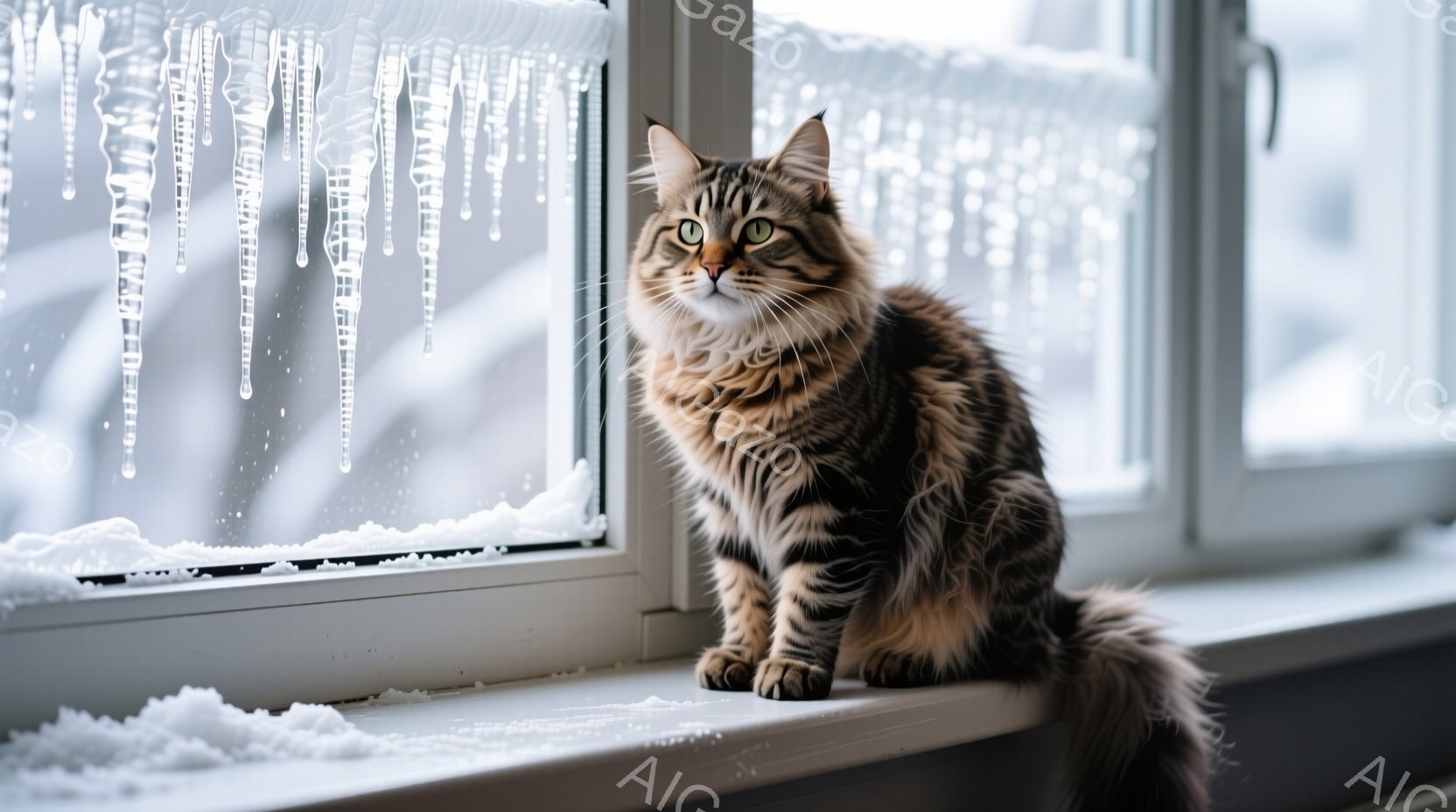 長毛の縞模様の猫が、霜で覆われた窓辺に座って遠くを見つめている。猫は毛並みが美しく、緑色の瞳が印象的で、わずかに口角が上がり、穏やかな表情をしている。背景には雪景色が広がり、厳しい寒さの中、猫は静かに冬の景色を眺めている様子がうかがえる。