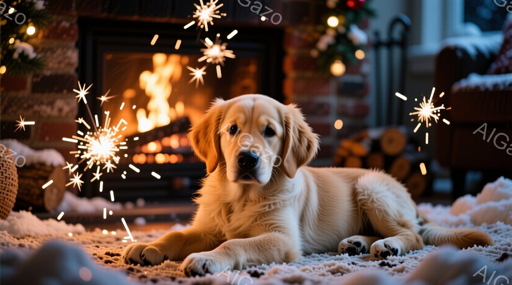 明るい毛並みのゴールデンレトリバーの子犬が、毛並みの白いカーペットの上に横たわっています。背景には暖炉があり、炎が燃え盛り、クリスマスの飾り付けが施されています。 全体的に温かく、居心地の良い、お祝い - AI生成フリー素材