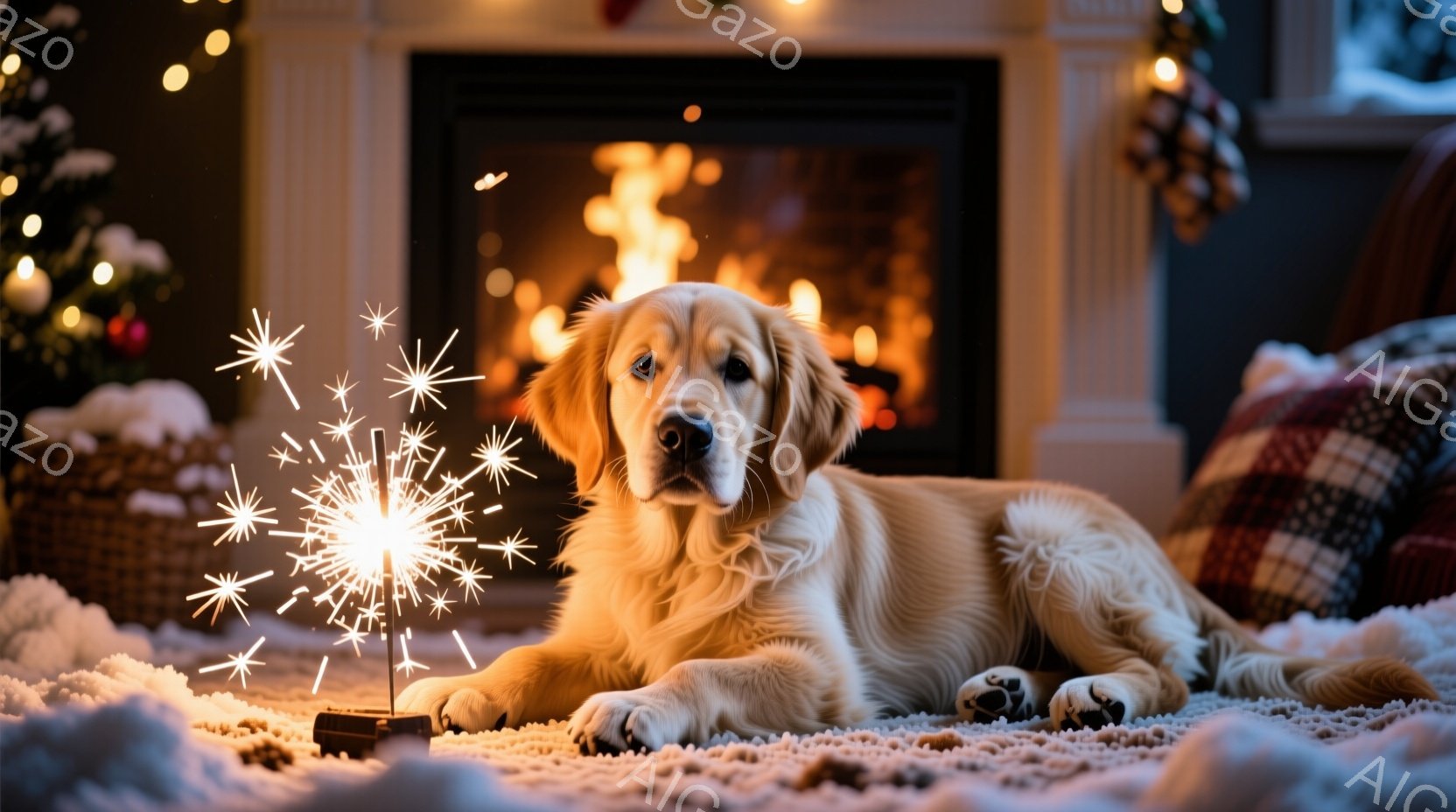 暖炉の前でリラックスした金色のレトリバーが写っています。犬は柔らかいラグの上に横たわり、穏やかな表情で正面を見つめています。背景には、クリスマスツリーや装飾がぼんやりと見え、暖かい光が灯り、冬のホリデ - AI生成フリー素材