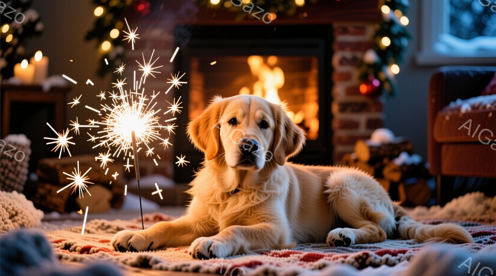 明るい毛並みのゴールデンレトリバーが、暖炉の前にある赤い模様のラグの上に横たわっています。暖炉は明るく燃えており、背景にはクリスマスツリーと装飾が見え、温かく心地よい雰囲気を醸し出しています。この犬は - AI生成フリー素材