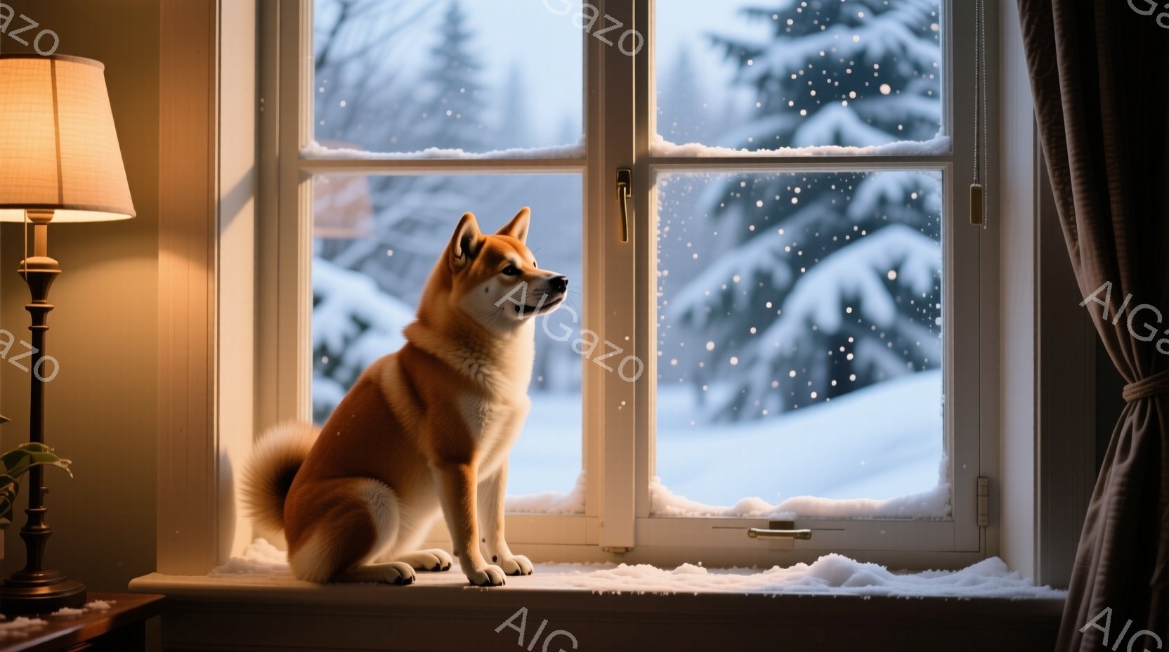 柴犬が窓辺に座り、雪景色を眺めている。窓の外は雪に覆われた森林で、雪が舞い散っている様子が伺える。室内は暖かく、ランプの光が犬を照らし、穏やかで静かな雰囲気が漂っている。 - AI生成フリー素材
