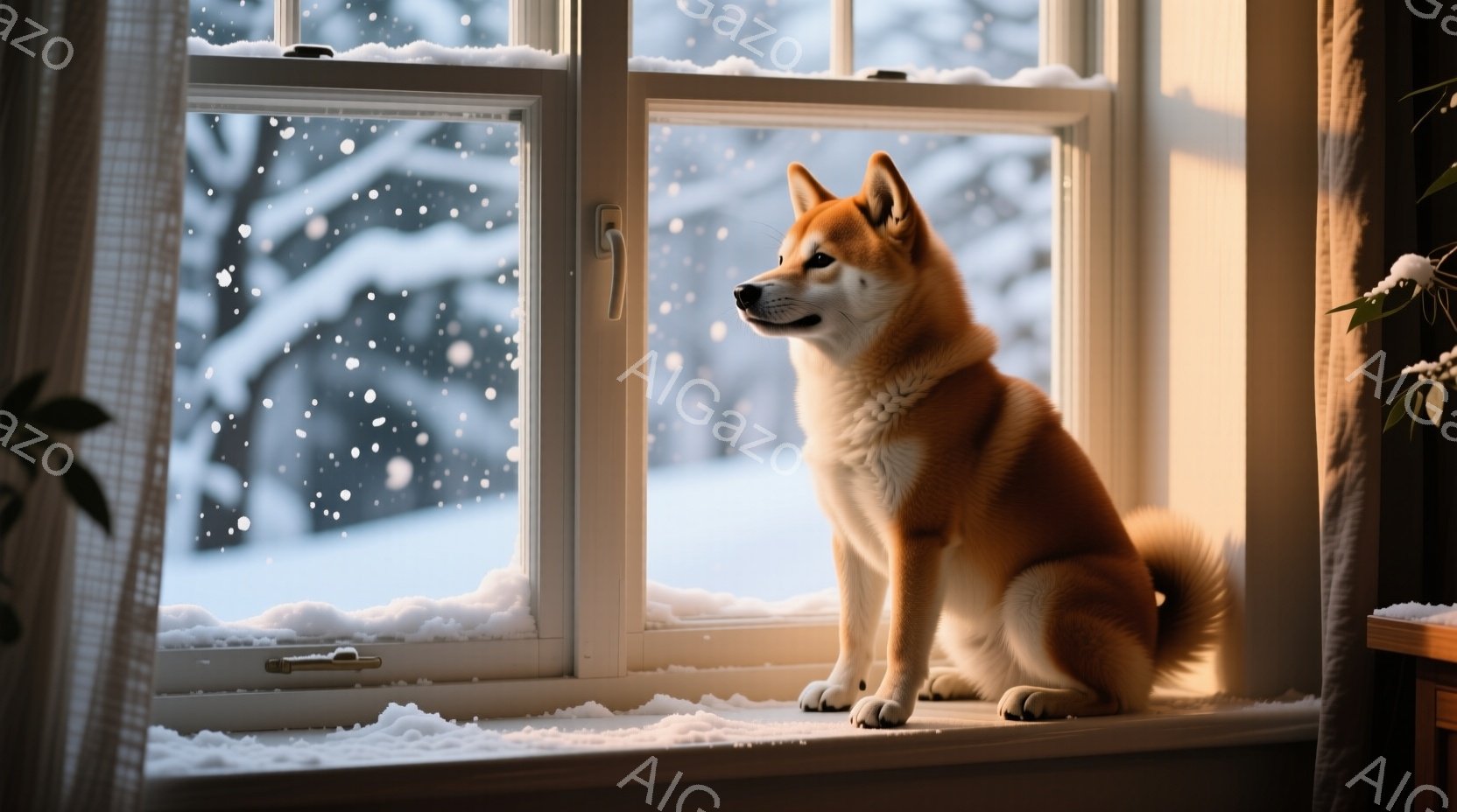 窓辺に座っている秋田犬が描かれています。暖色系の毛並みが窓の外の雪景色に映え、物憂げな表情で遠くを見つめています。雪が降り積もる冬の風景が、犬の静かな姿と相まって、穏やかで少し寂しげな雰囲気を醸し出し - AI生成フリー素材