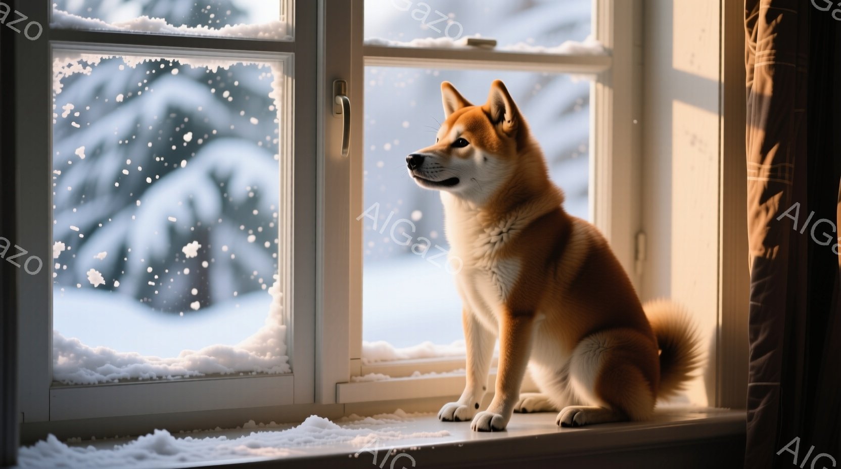 赤い毛並みの柴犬が、雪景色を眺めるように窓辺に座っています。窓枠には雪が積もり、背景の木々は白い雪に覆われています。暖かな室内と雪景色とのコントラストが、静かで穏やかな雰囲気を生み出しています。 - AI生成フリー素材