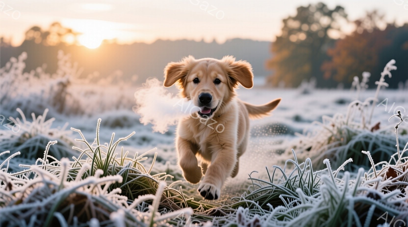 明るい毛並みのゴールデンレトリバーの子犬が、霜が降りた草地を元気に駆け抜けている。子犬は口を開けて笑顔を見せ、動きのある姿勢で躍動感に満ちている。背景にはぼやけた木々と朝日の光が広がり、冷たい空気を感 - AI生成フリー素材