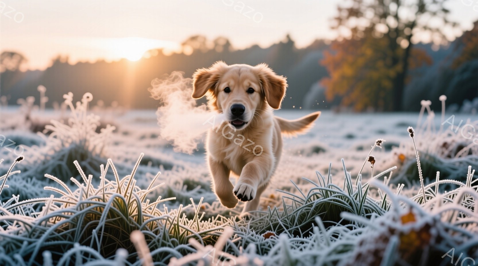 金色の毛並みを持つ子犬が、霜が降りた草原の中を元気に走り回っている。朝日が差し込み、子犬の周りには吐く息が白く見える。背景には木々がぼやけ、冷たい空気の中の暖かく希望に満ちた雰囲気が感じられる。
