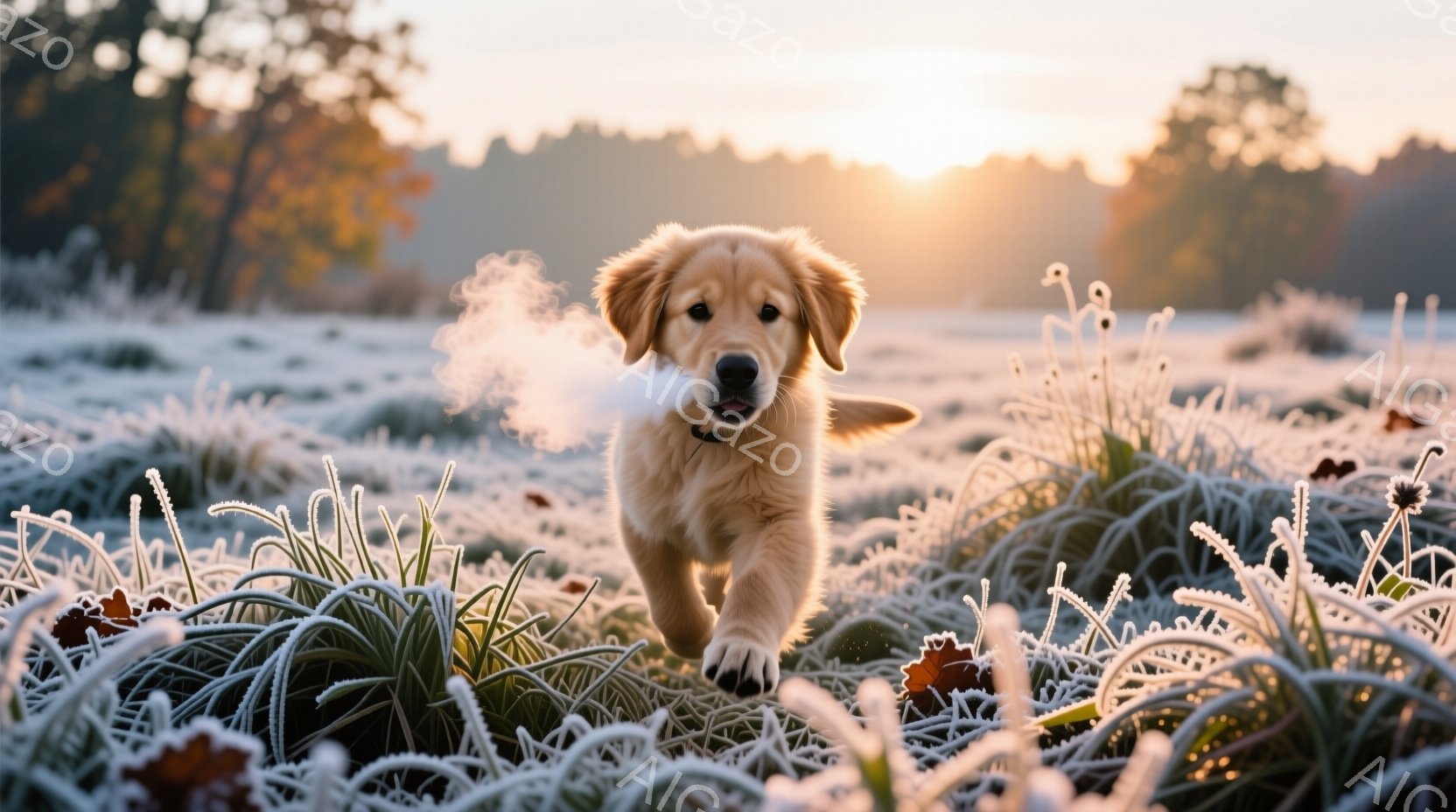 霜で覆われた草の間を、金色の毛並みの子犬が駆け抜けている。吐く息は白い蒸気となり、冬の冷たい空気と毛並みの暖かさを際立たせている。背景はぼやけた木々と、朝日に照らされた淡い空で、全体的に穏やかで心温まる雰囲気が漂っている。