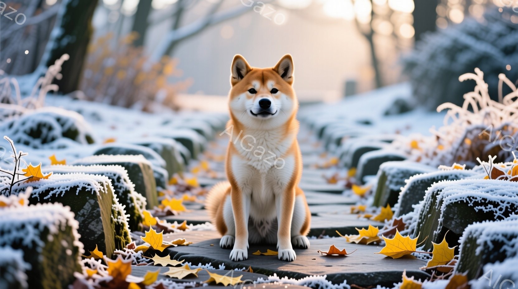 柴犬が整然と並んだ墓石の道に座っており、穏やかな表情で正面を見つめている。背景は霜や雪で覆われた自然で、木々や落ち葉が冬の静けさを強調している。全体的に、厳かで静謐な、そしてどこか物悲しい雰囲気が漂っている。