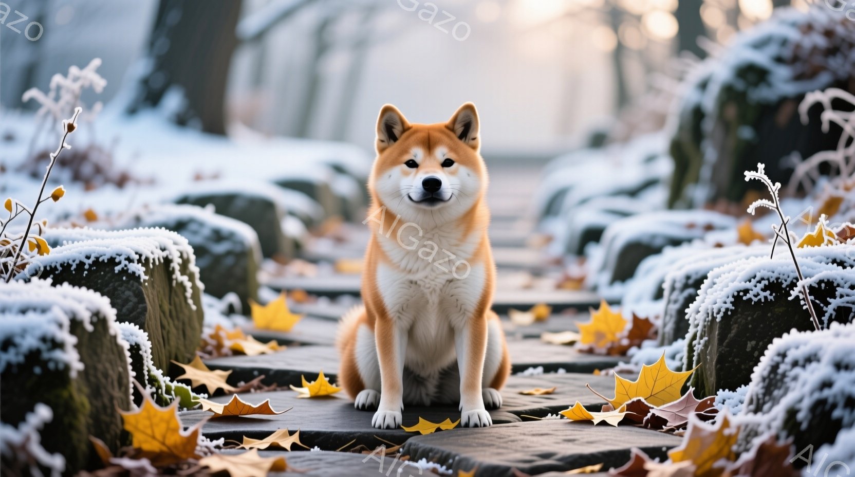 鮮やかな赤褐色の毛並みを持つ柴犬が、霜や雪で覆われた木の切り株が並ぶ遊歩道に座っています。凛々しい表情で正面を見つめており、毛並みはふっくらとして冬の寒さにも負けない生命力を感じさせます。背景にはうっ - AI生成フリー素材