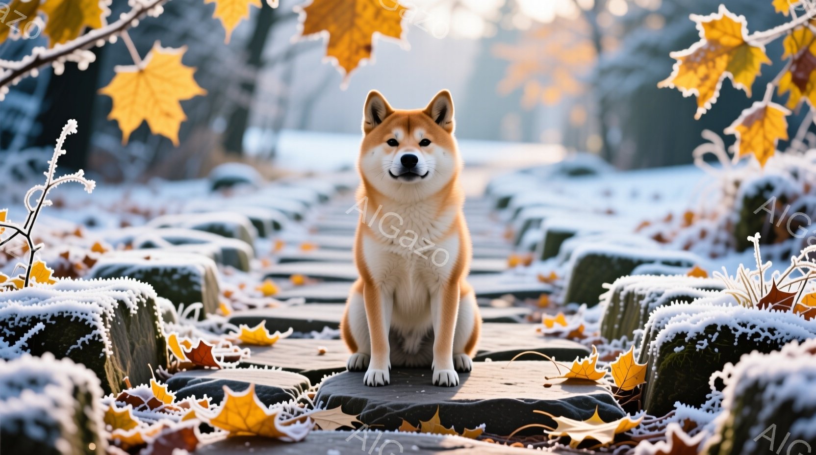 柴犬が霜で覆われた石畳の道に座っています。犬は正面を向き、穏やかな表情でカメラを見ており、毛並みは美しく整っています。背景は冬の自然で、枯れ葉と霜が降り積もり、冷たい空気を感じさせる静かな風景です。 - AI生成フリー素材