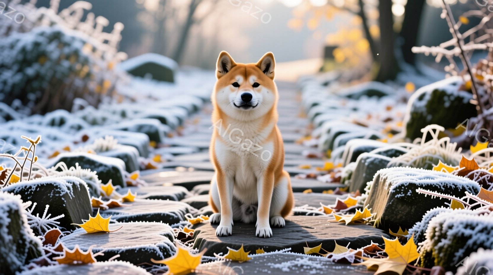 柴犬が石畳の道に座っており、正面を見つめています。背景には雪の積もった木々や落ち葉が散らばり、冬の静寂な雰囲気を醸し出しています。犬の毛並みは美しく、鮮やかなオレンジ色と白のコントラストが印象的です。 - AI生成フリー素材